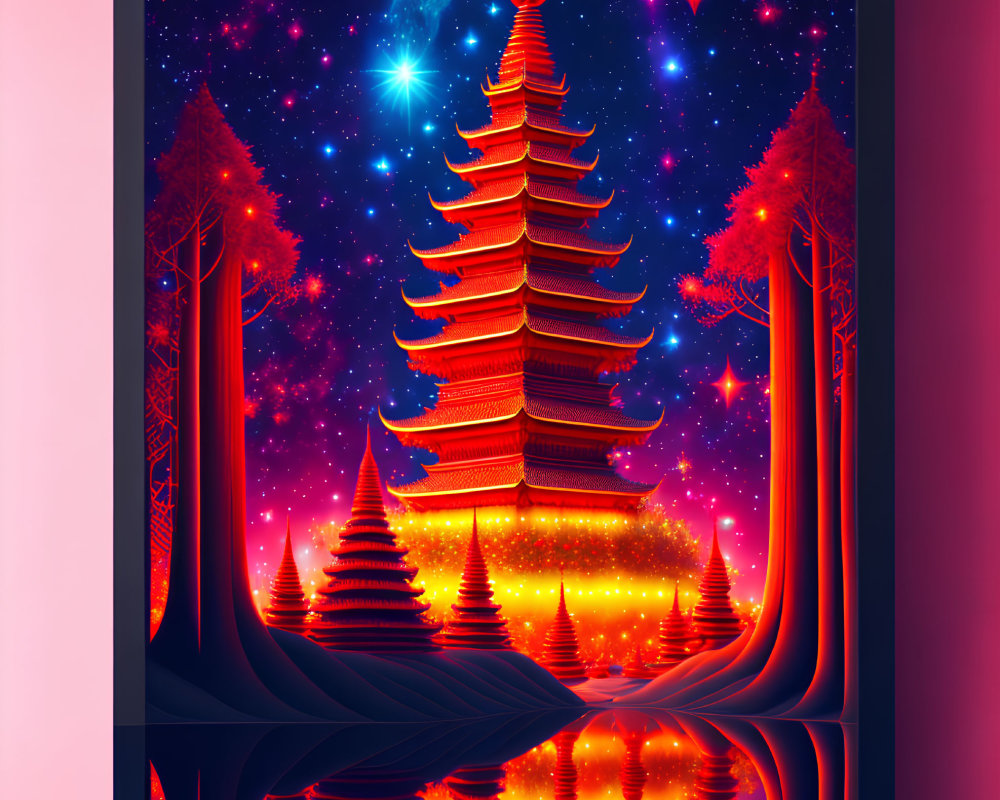 Luminous multi-tiered pagoda in cosmic night scene