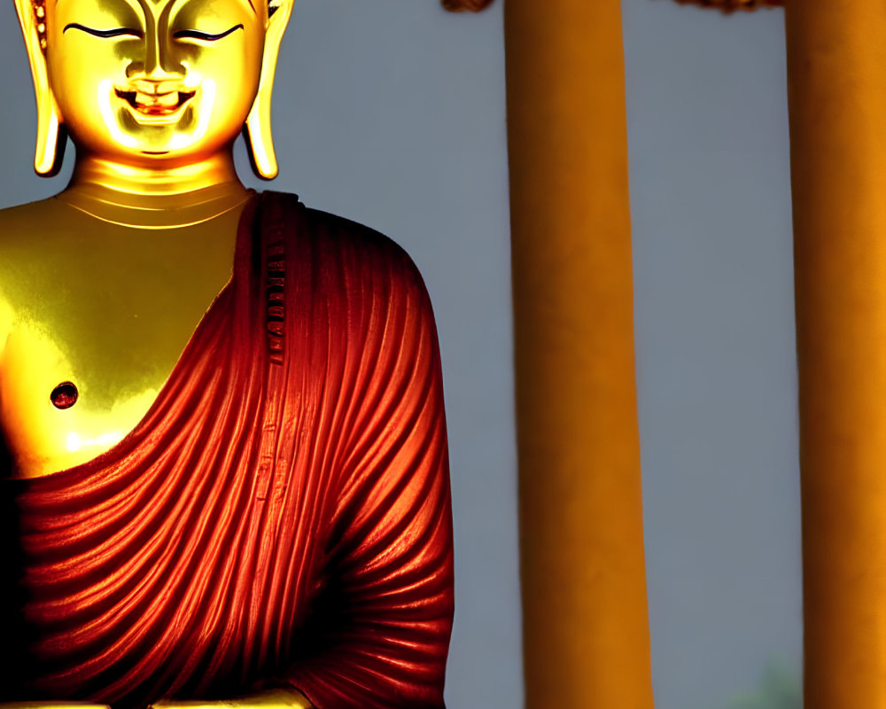 Golden Buddha statue in red robe with serene expression and golden pillars.