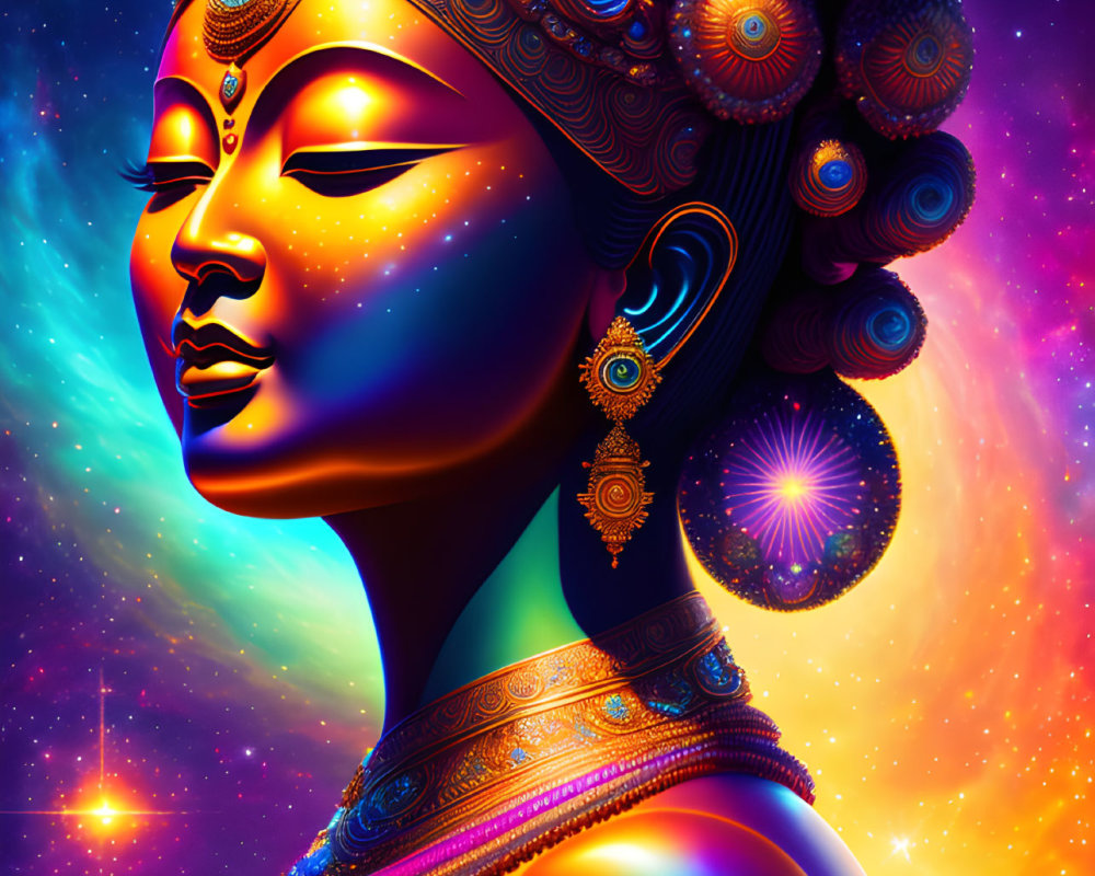 Colorful artwork of woman with golden headgear in cosmic setting