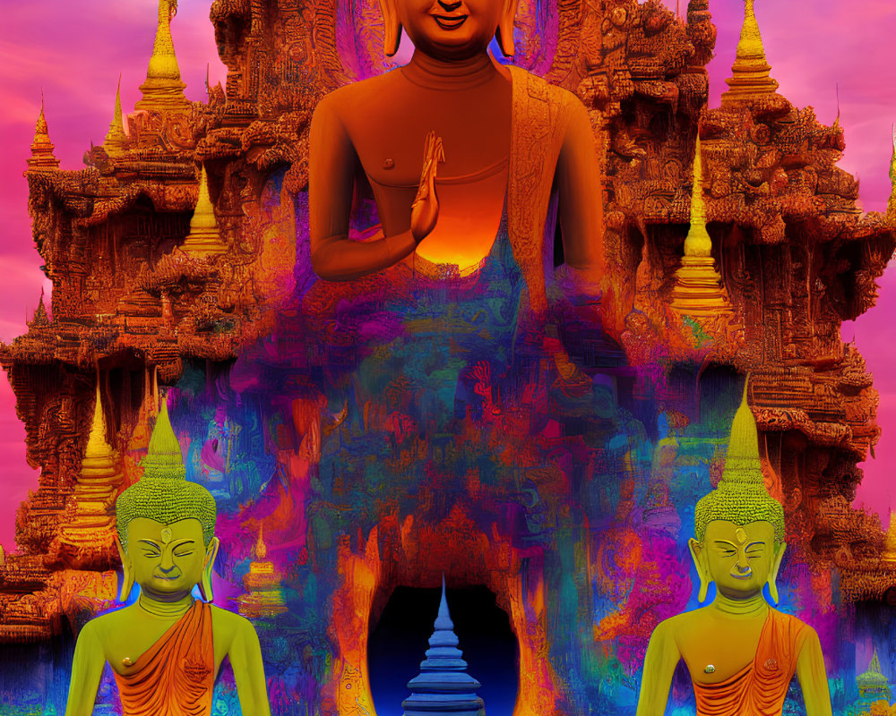 Colorful digital artwork of Buddha in meditative pose with temple backdrop