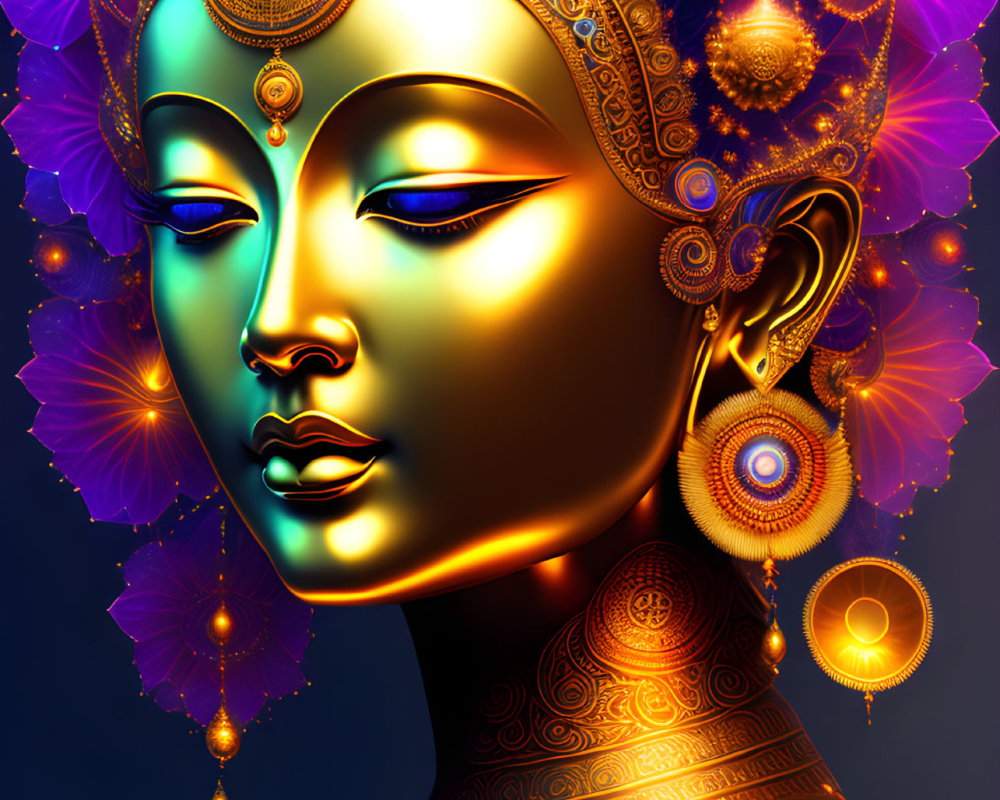 Serene female figure with golden jewelry on dark blue background