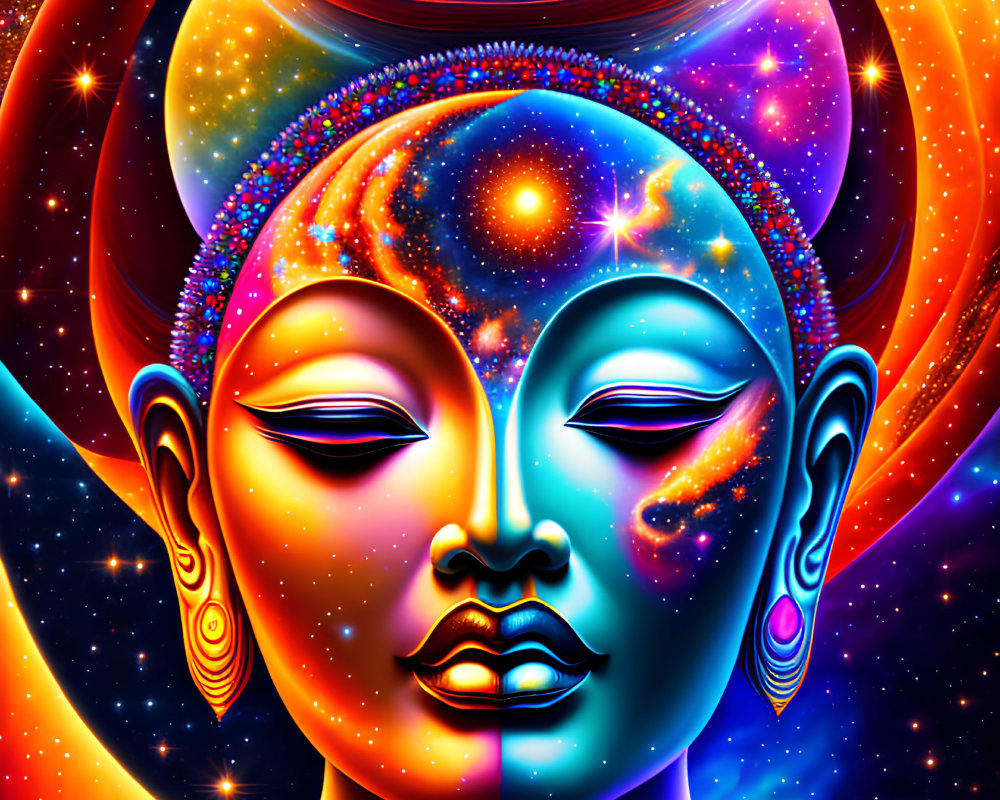 Dual-faced cosmic figure with celestial elements in vibrant digital art