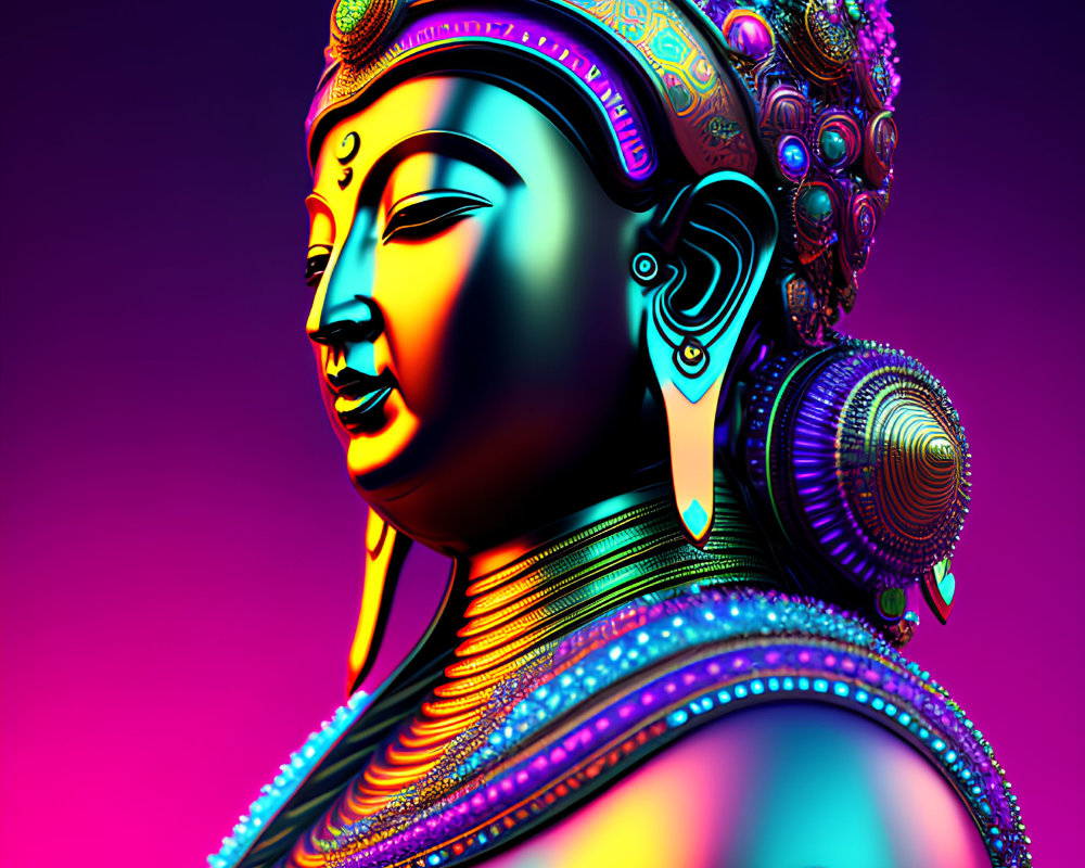 Colorful digital art portrait of a deity with detailed headgear and jewelry on gradient background