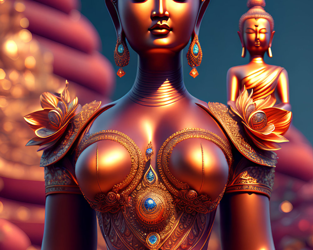 Golden female Buddha figures in ornate jewelry against warm backdrop