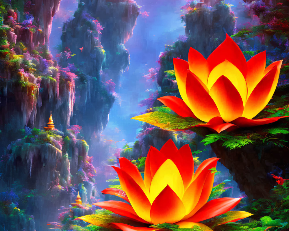 Lush Lotus Flowers on Mossy Rocks with Waterfalls and Pink Sky