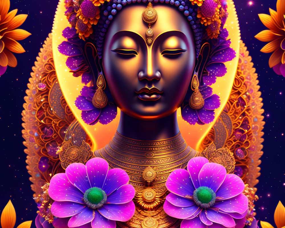 Colorful digital art of meditative figure in cosmic setting with golden jewelry and vibrant flowers