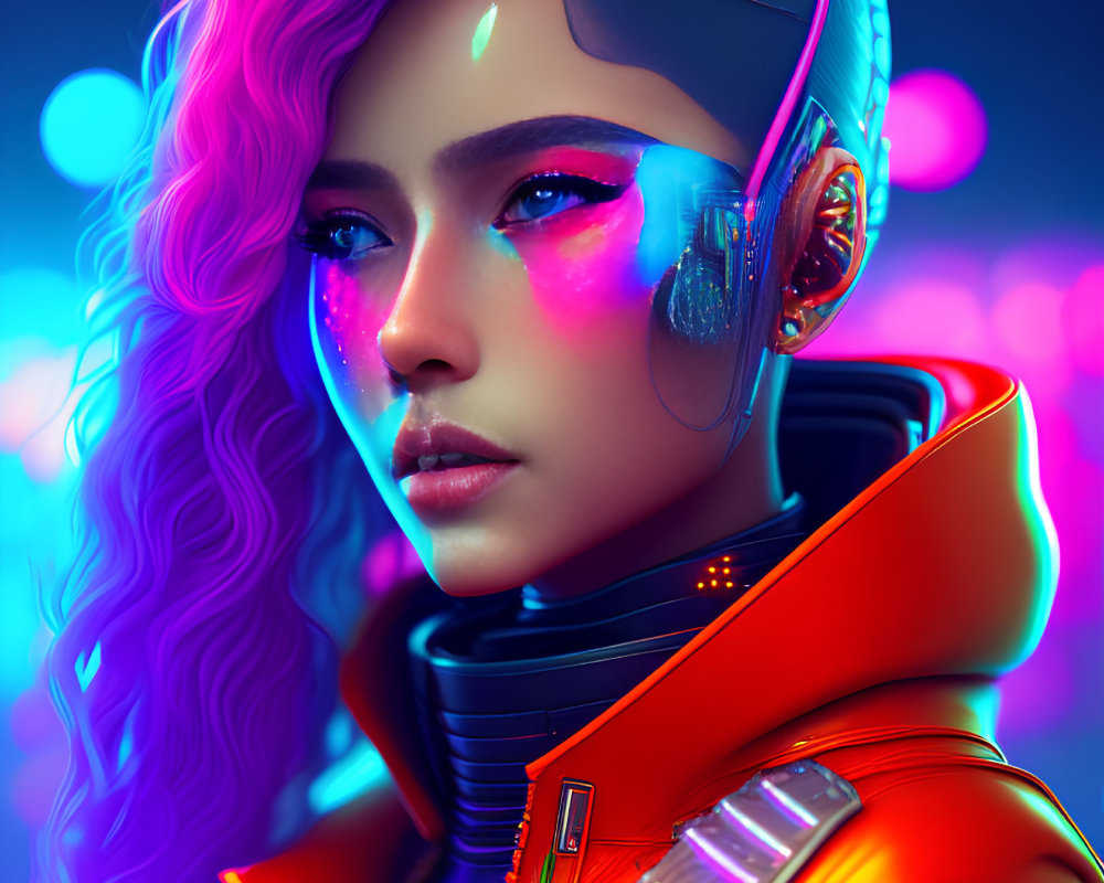 Woman with Cybernetic Enhancements in Red Futuristic Jacket and Neon Lights