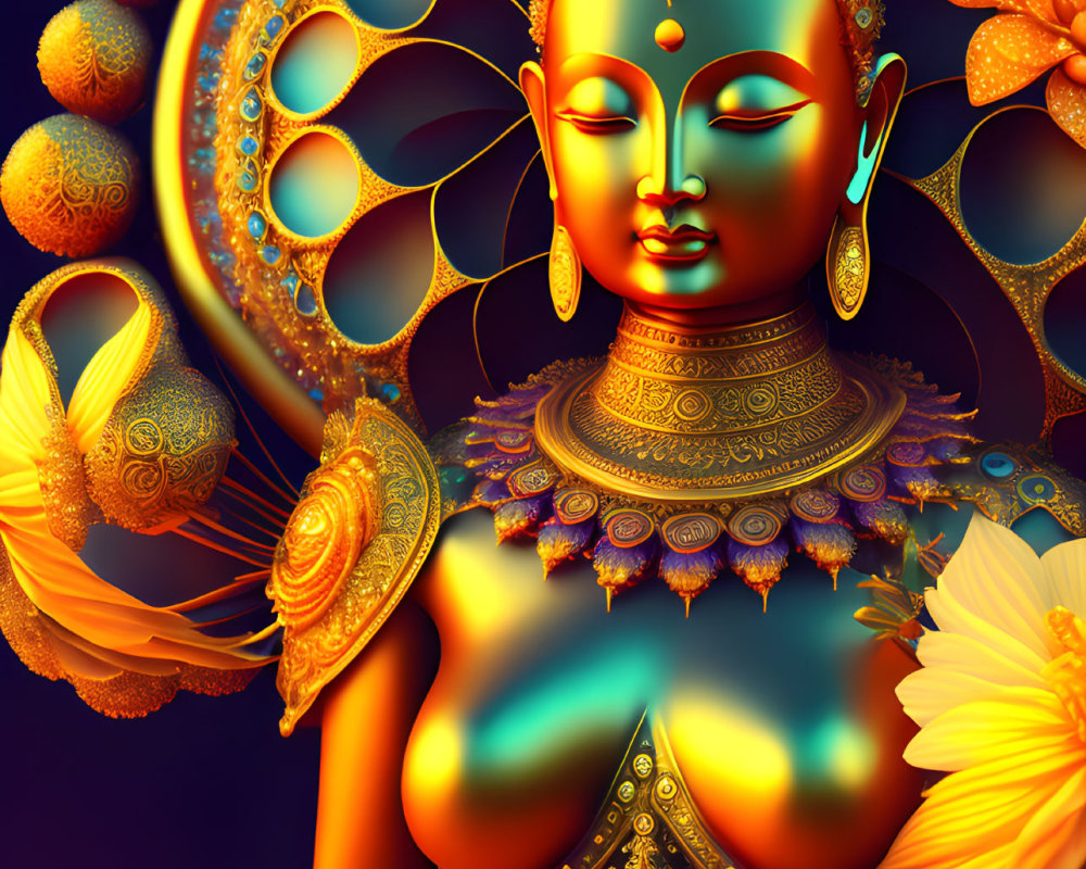 Serene four-armed figure in vibrant digital artwork