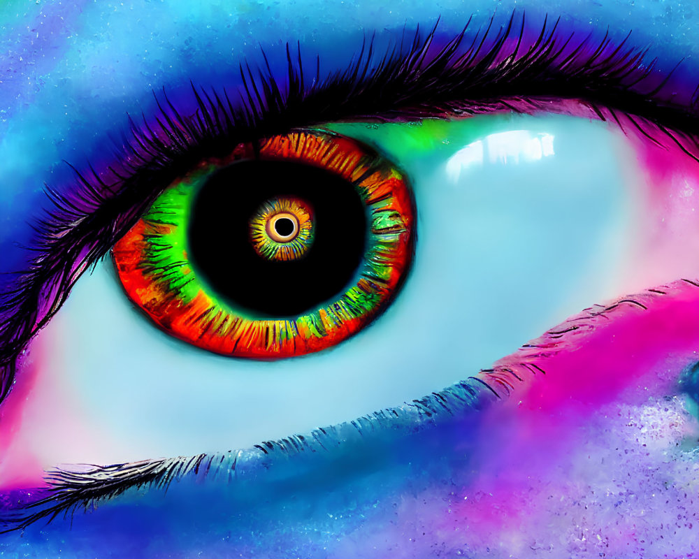 Colorful Digital Art: Human Eye with Green, Orange, and Red Iris