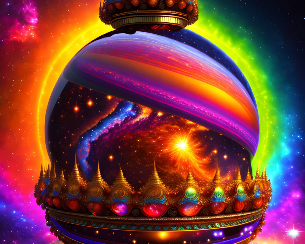 Cosmic-themed digital artwork with ornate spherical object in starry space.