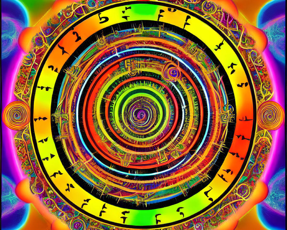 Colorful Psychedelic Mandala with Fractal Elements and Alien Symbols