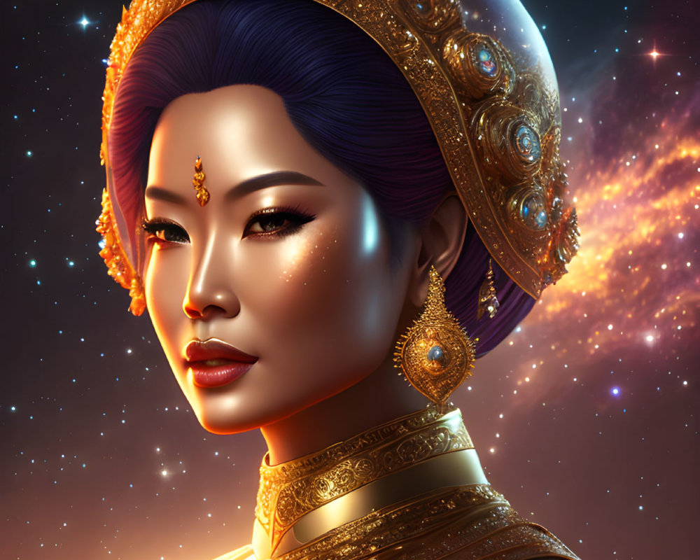 Digital portrait of elegant woman in gold headdress against cosmic background