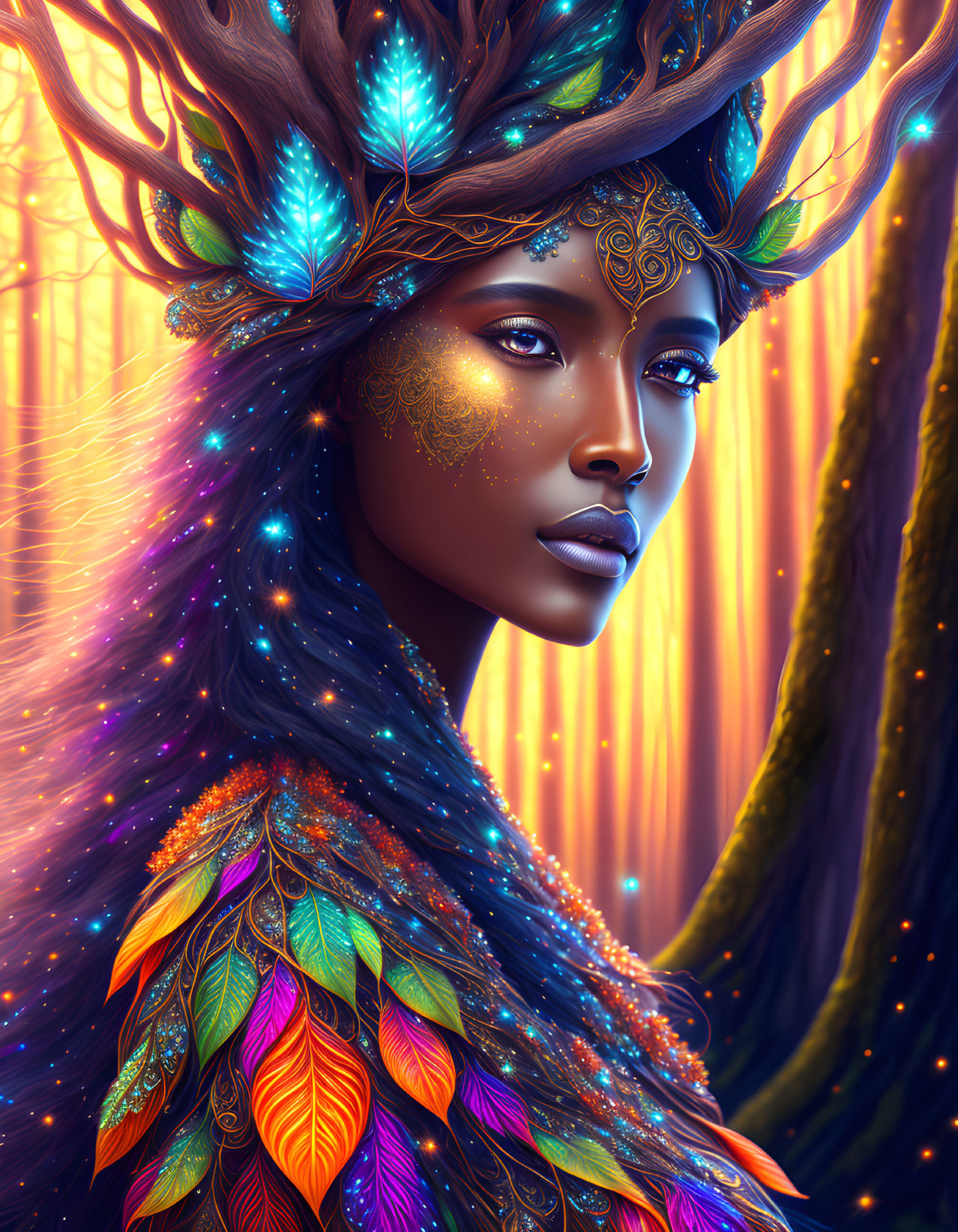 Colorful woman with feathered headdress in enchanted forest