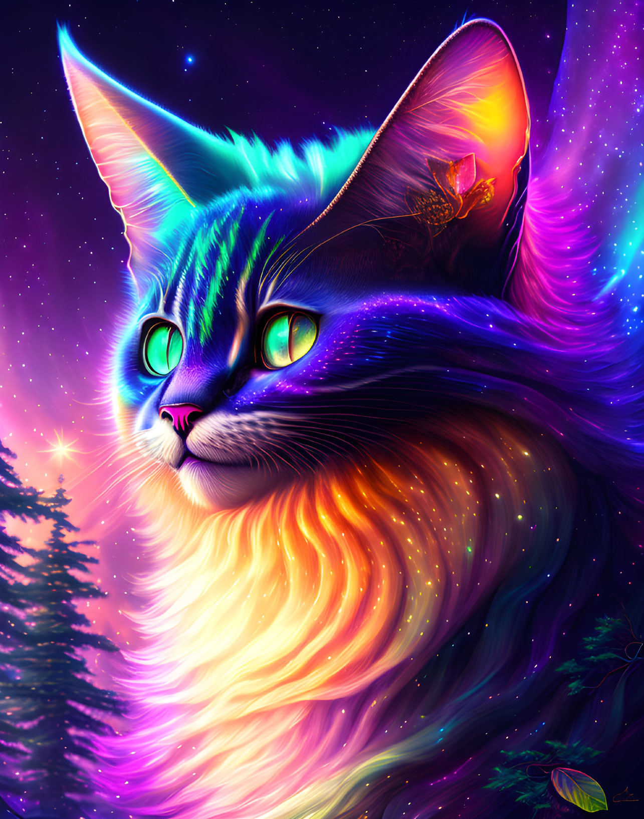 Neon-colored cat digital art with starry sky background