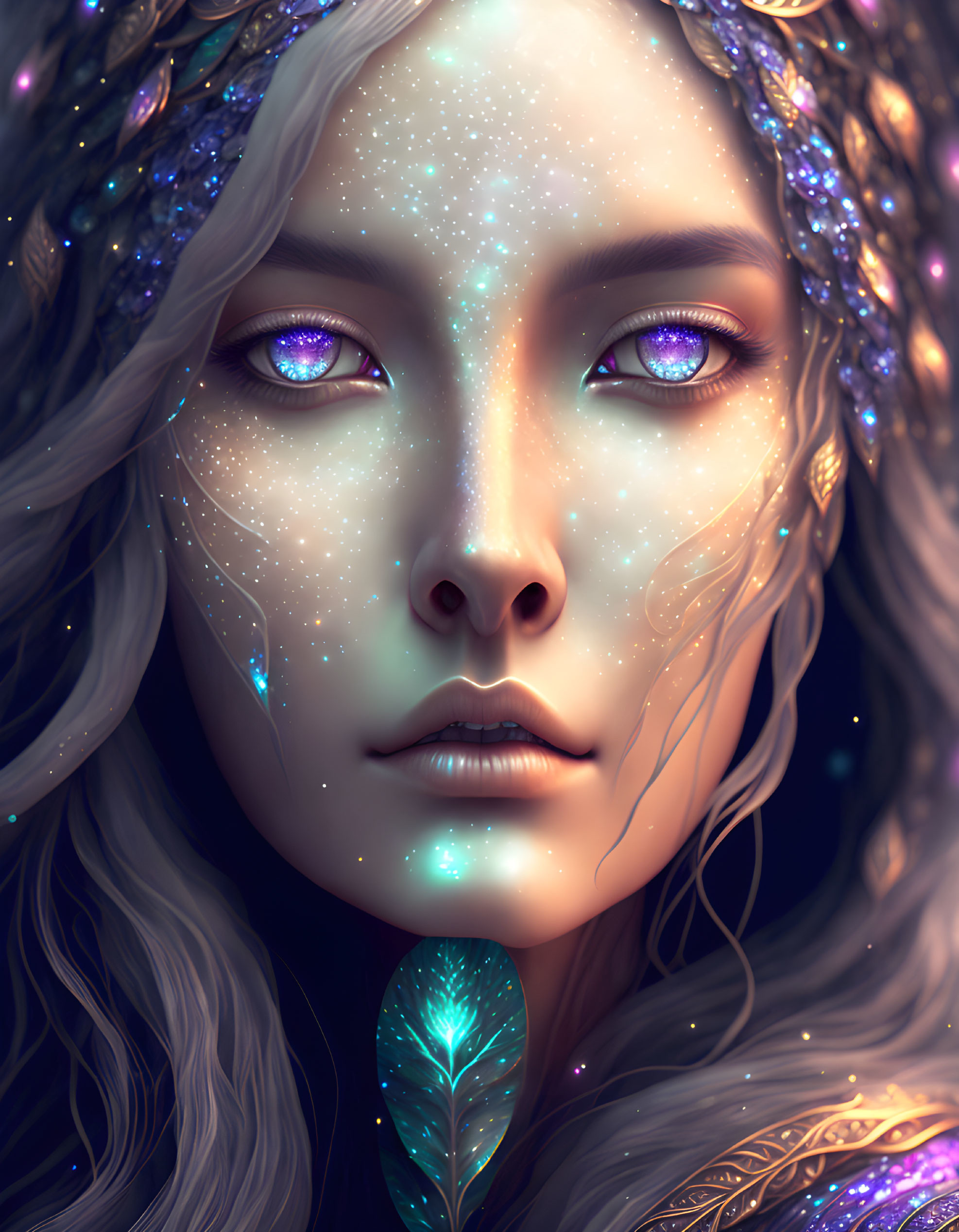 Fantasy portrait of a woman with glowing purple eyes and star-speckled skin.