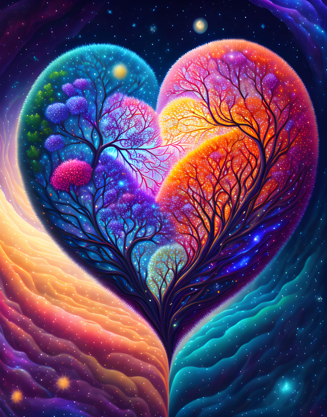 Colorful digital artwork: Trees form heart shape amidst cosmic backdrop