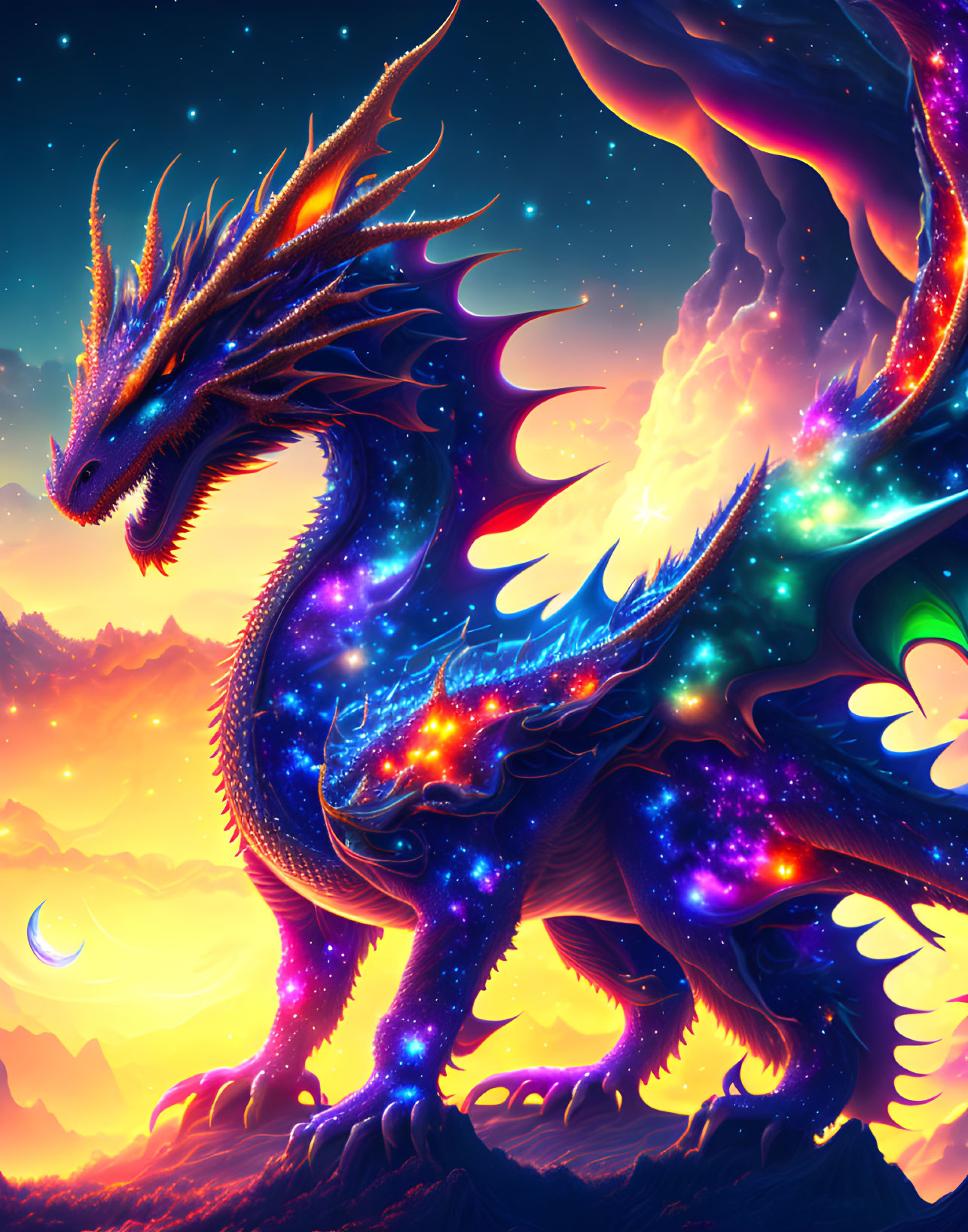 Colorful Cosmic Dragon Against Twilight Sky with Crescent Moon