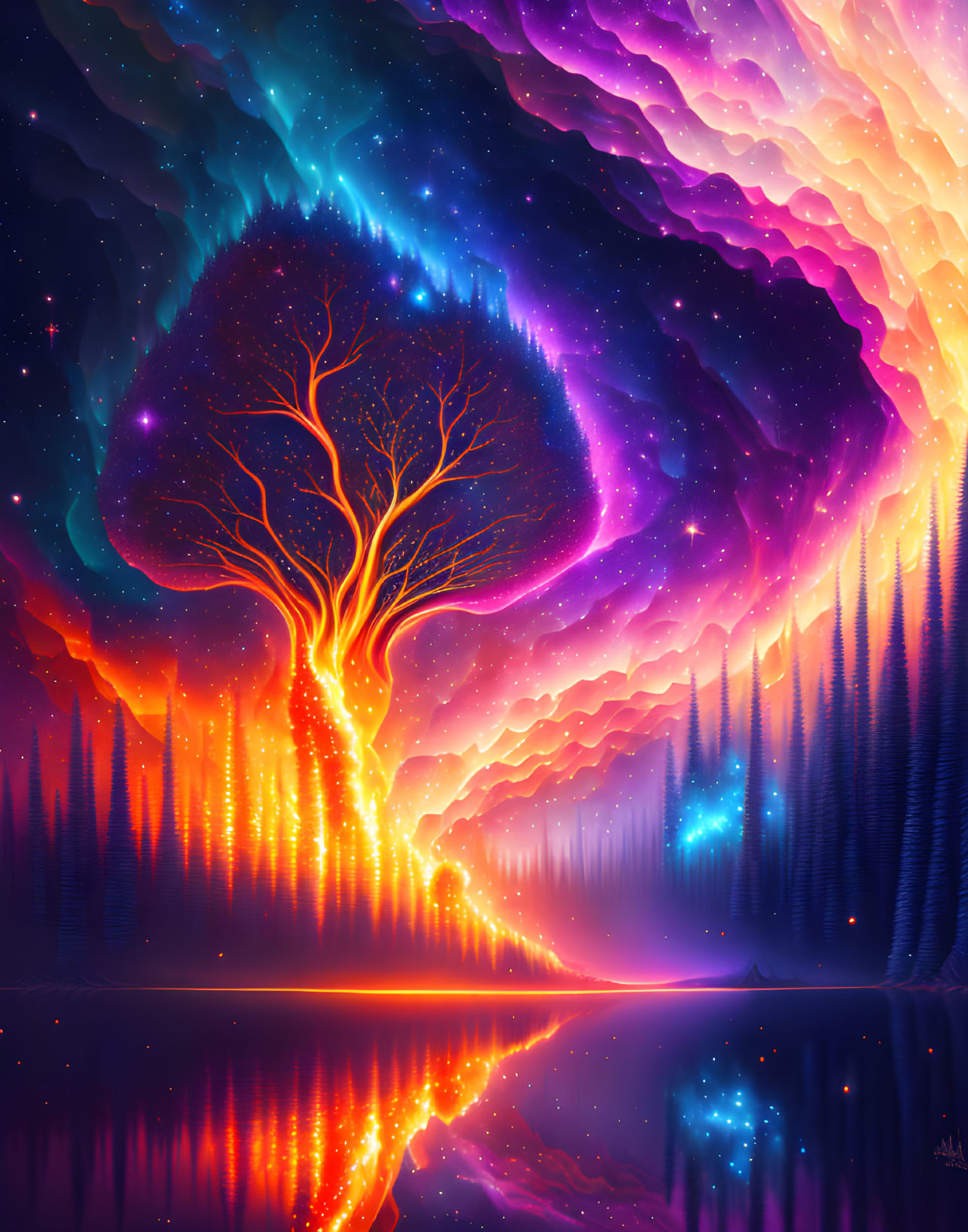 Colorful digital artwork: Luminous tree with fiery leaves mirrored in tranquil lake