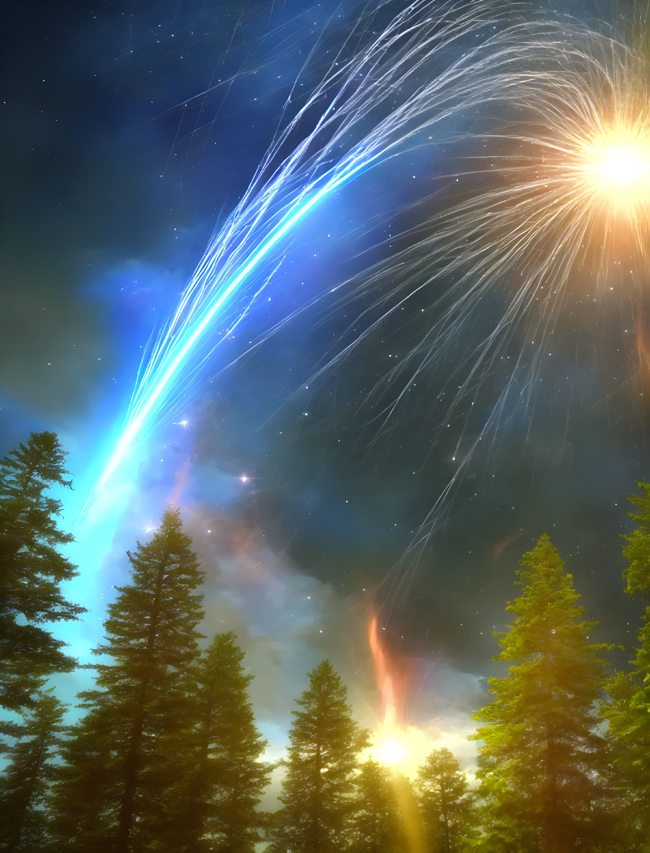 Starry sky with shooting star and fiery meteor over forest