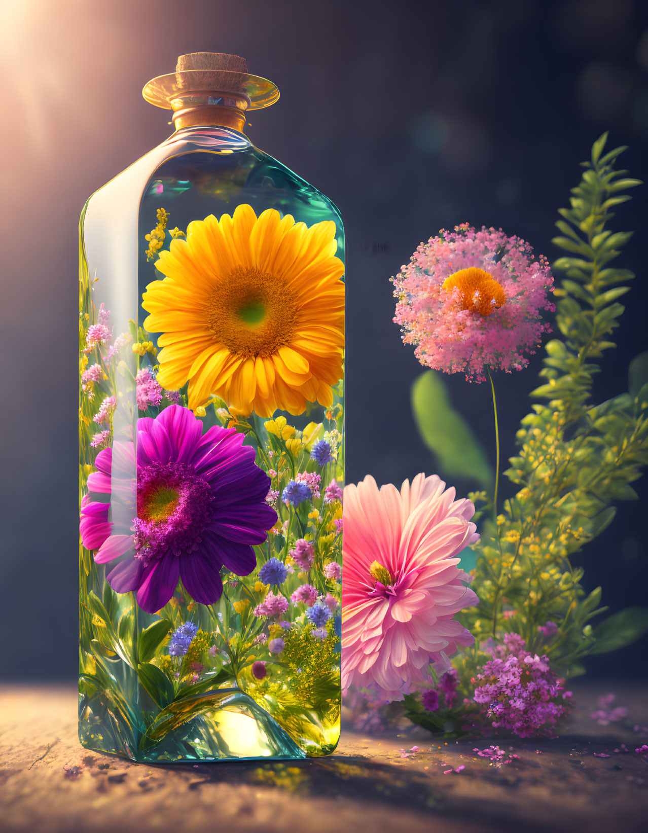 Colorful floral arrangement in transparent bottle with sunflower, set against soft bokeh background