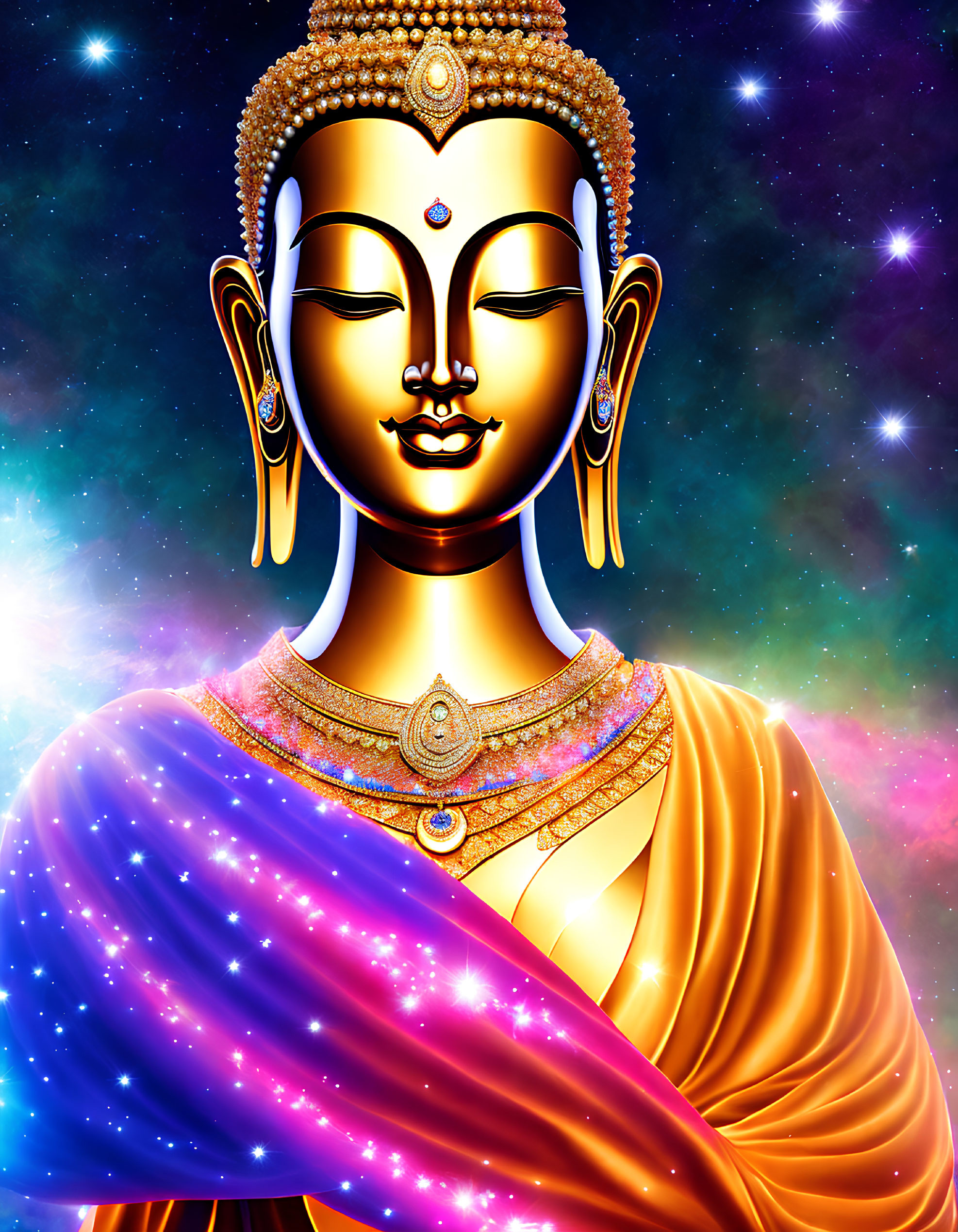 Serene Buddha statue with cosmic background