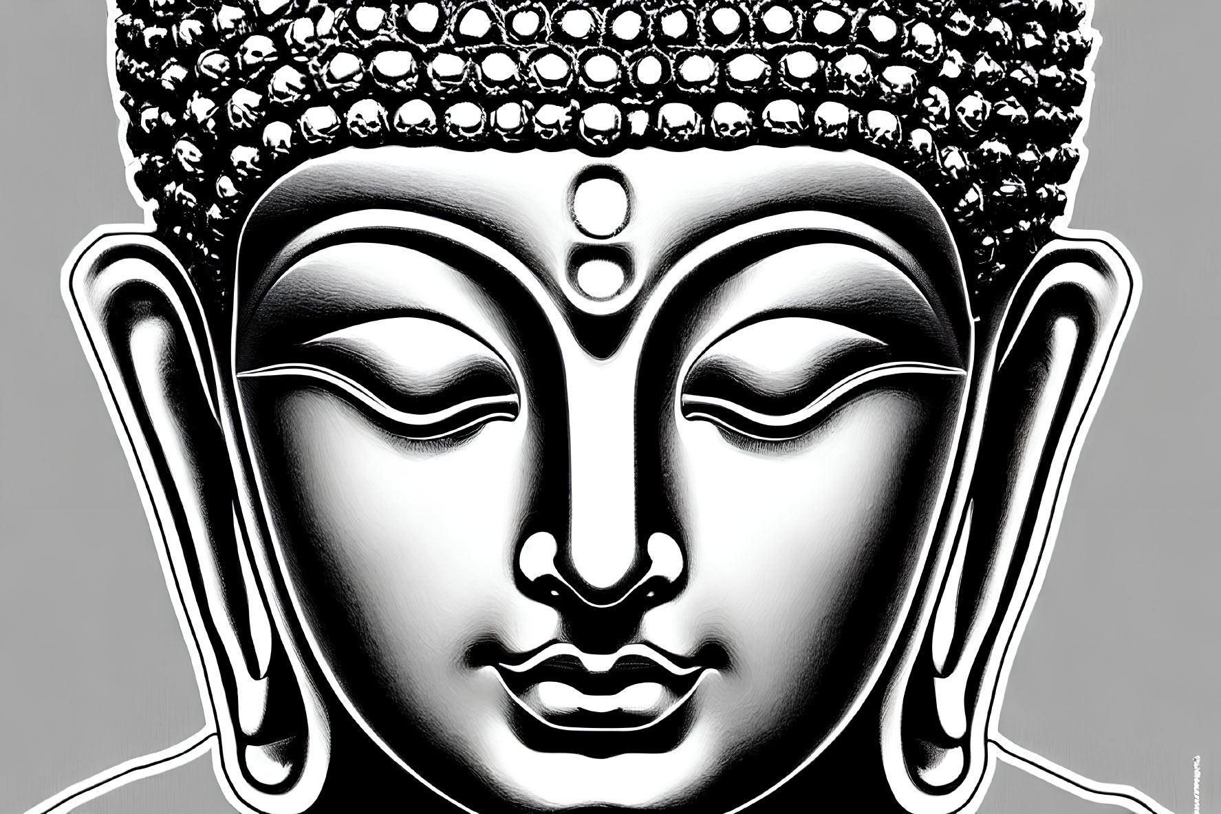 Monochrome artistic depiction of Buddha's serene face with closed eyes and intricate headpiece