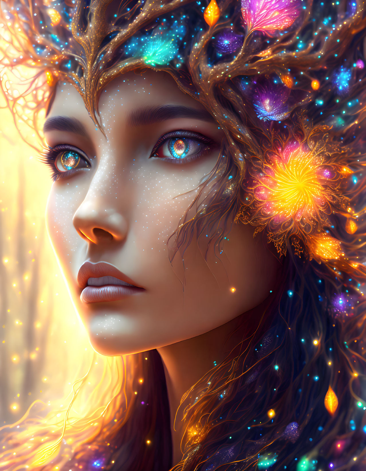 Portrait of woman with vibrant blue eyes and celestial crown.