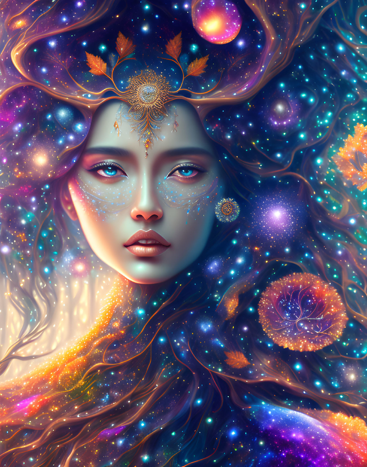 Cosmos-themed celestial woman with golden headpiece in galaxy setting