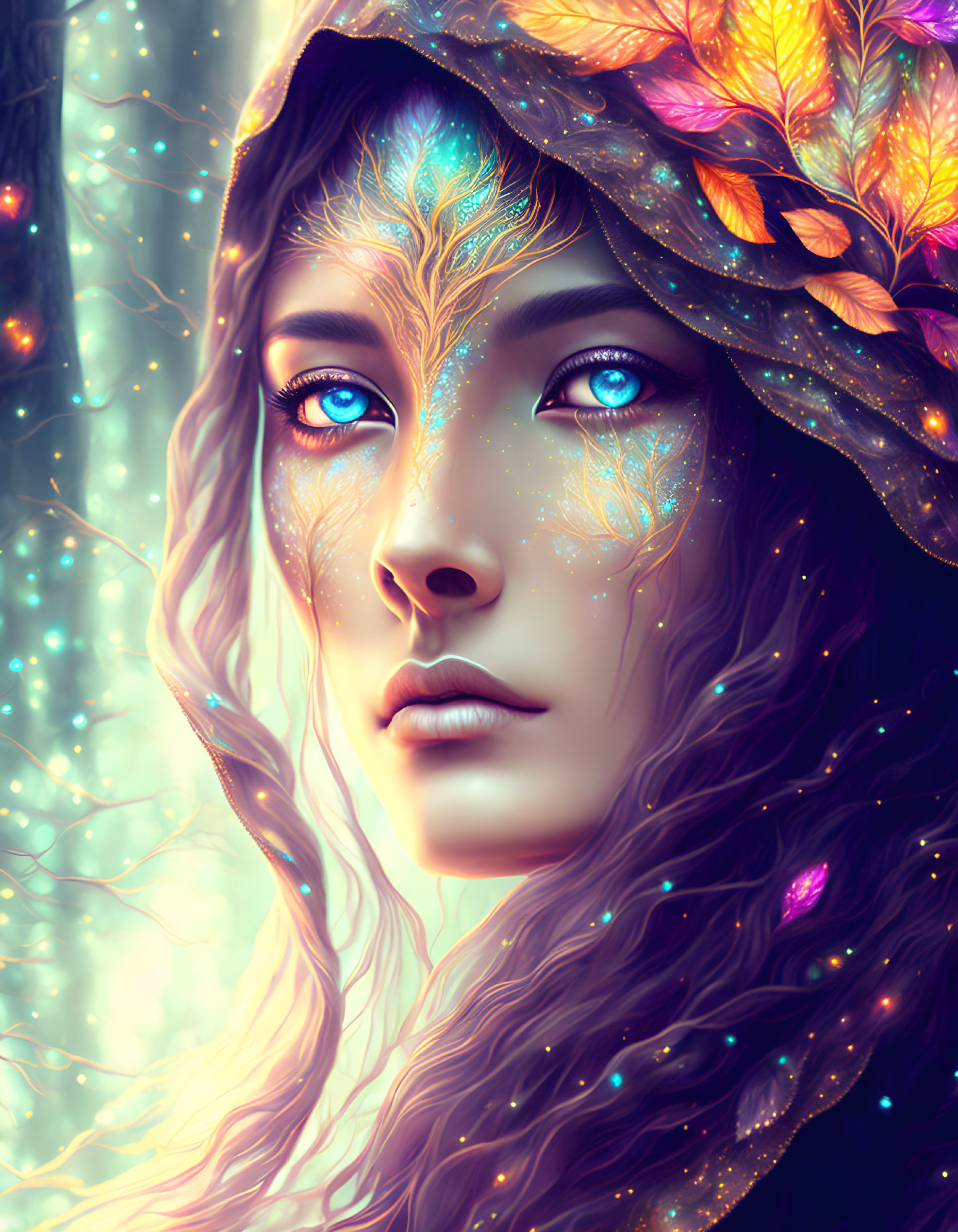 Fantasy portrait of woman with vibrant blue eyes and mystical aura