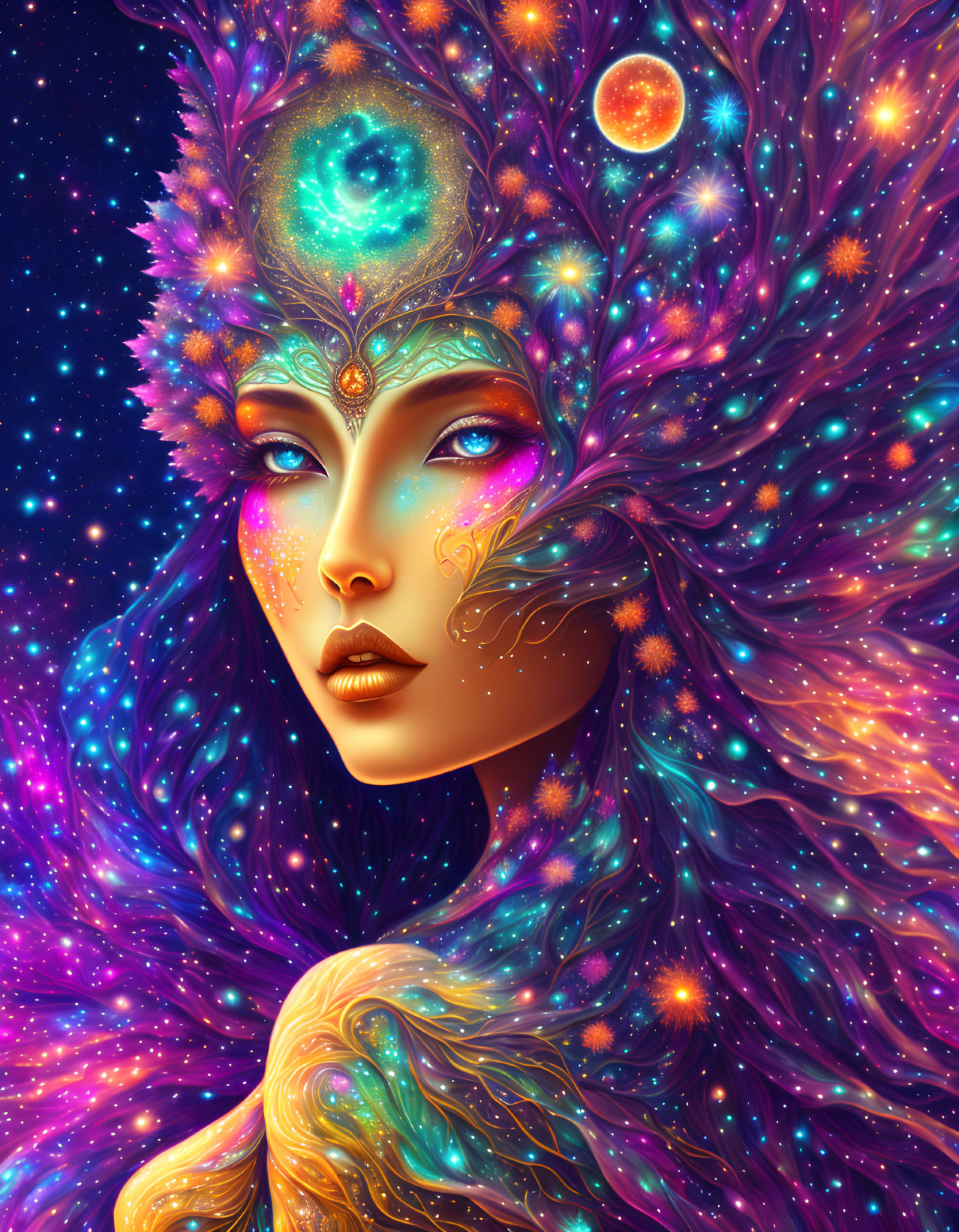 Colorful cosmic woman with star-filled hair and galaxy-themed palette