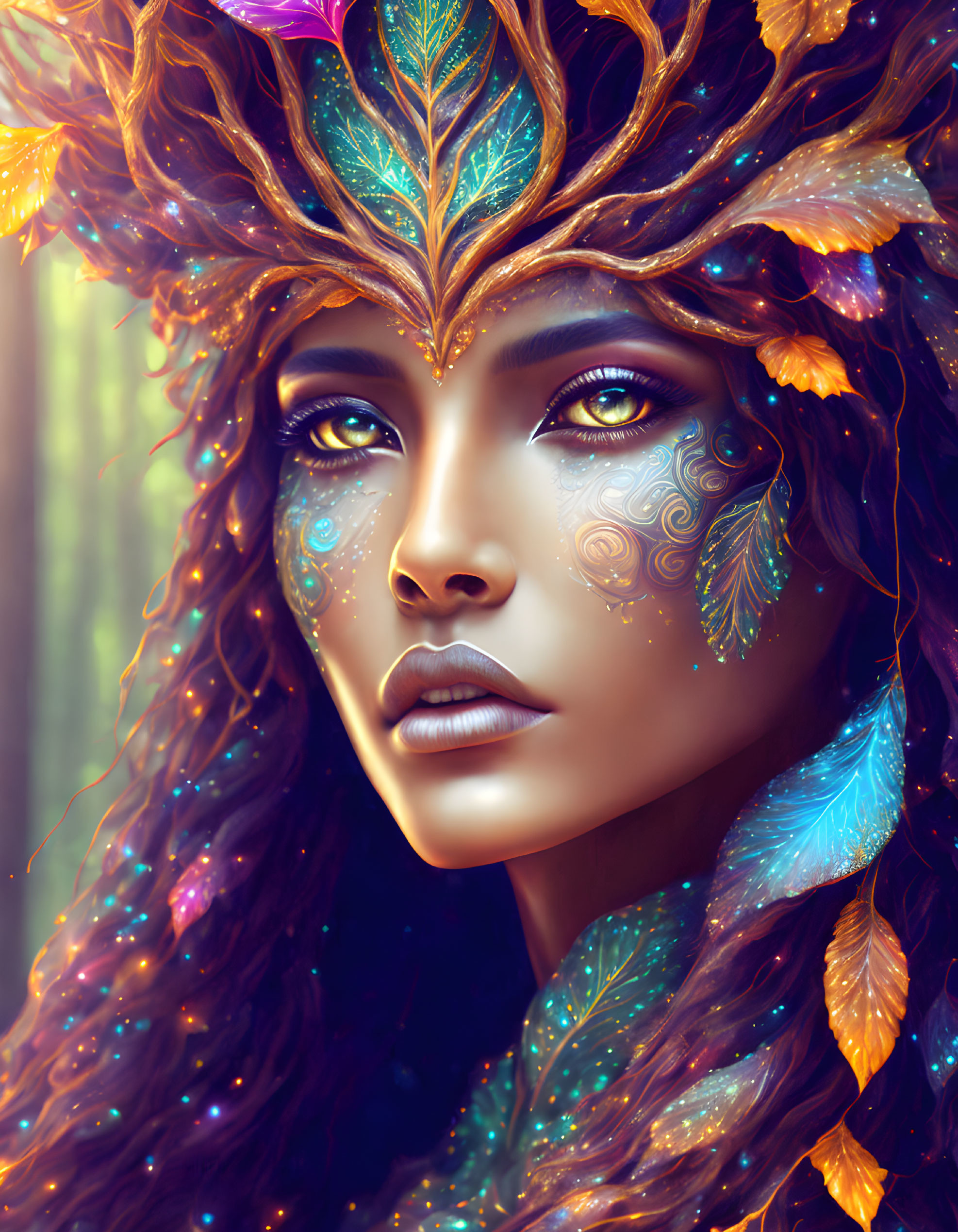 Mystical woman with luminous skin and leafy headgear.