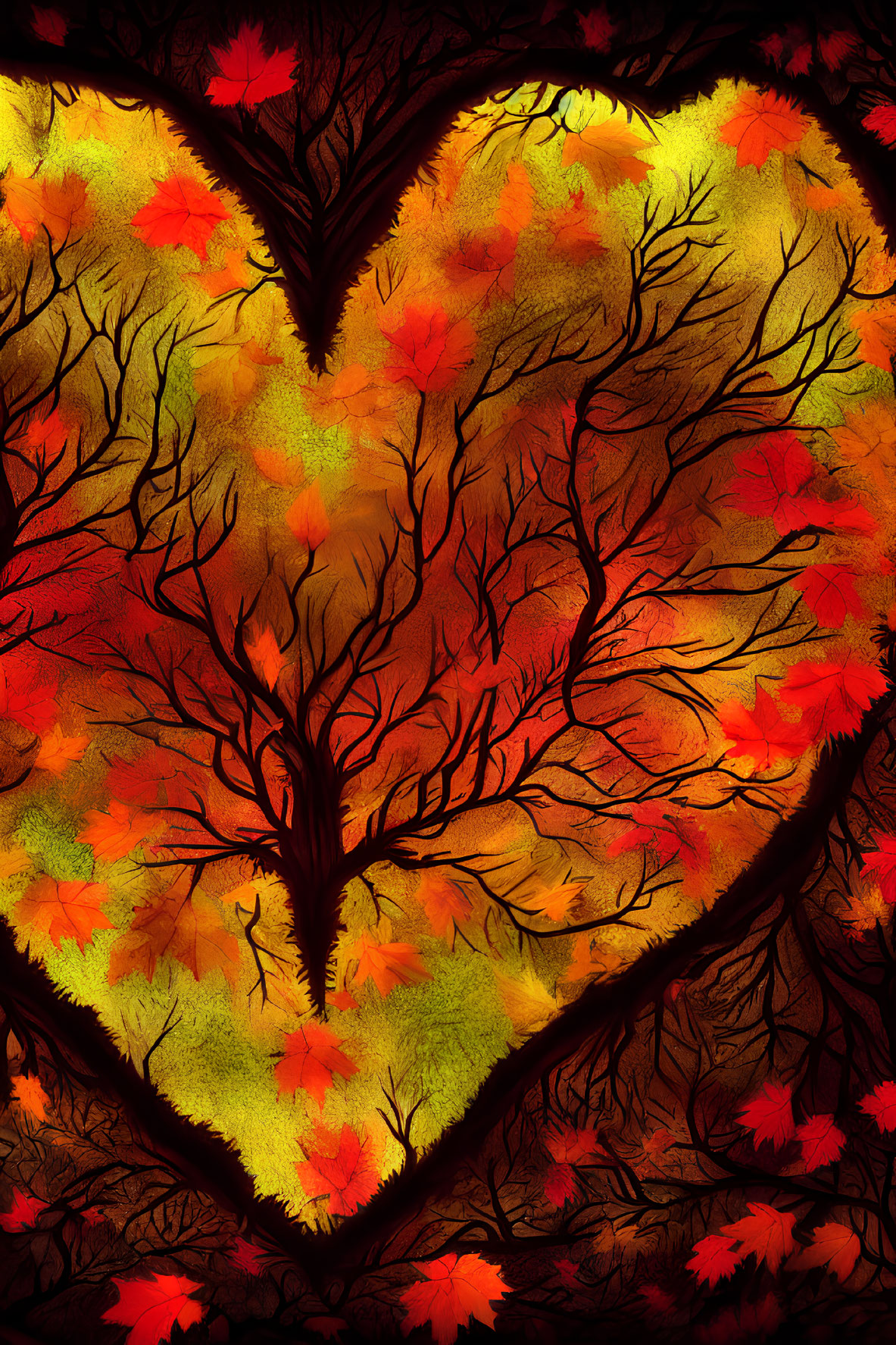 Colorful Autumn Tree Artwork with Heart-shaped Branches on Dark Background