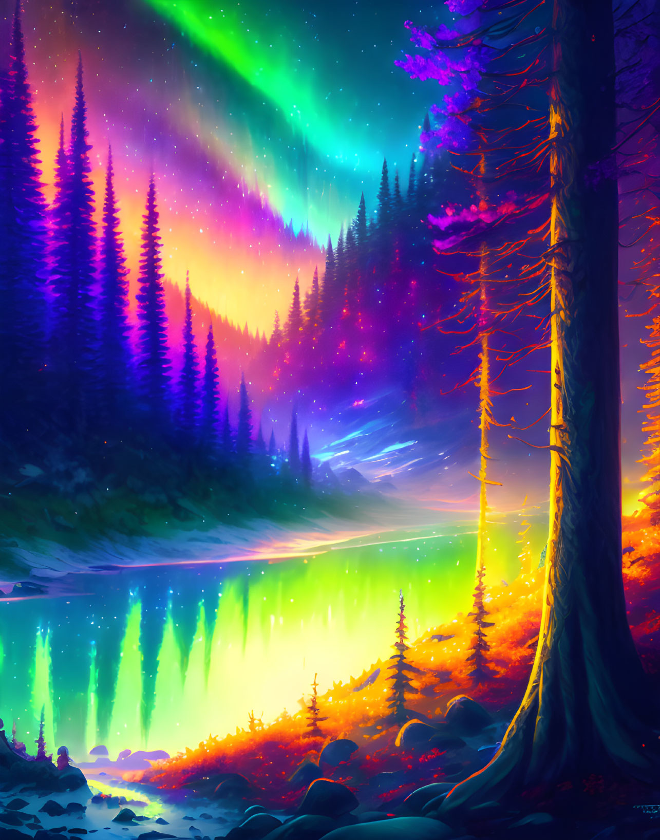 Digital Art: Aurora Night Sky Over Forest with River