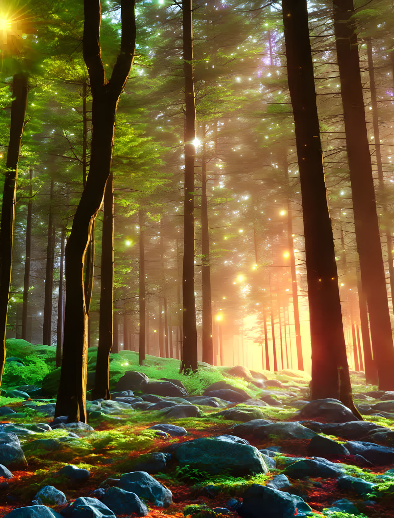 Tranquil forest landscape with sunlight filtering through tall trees