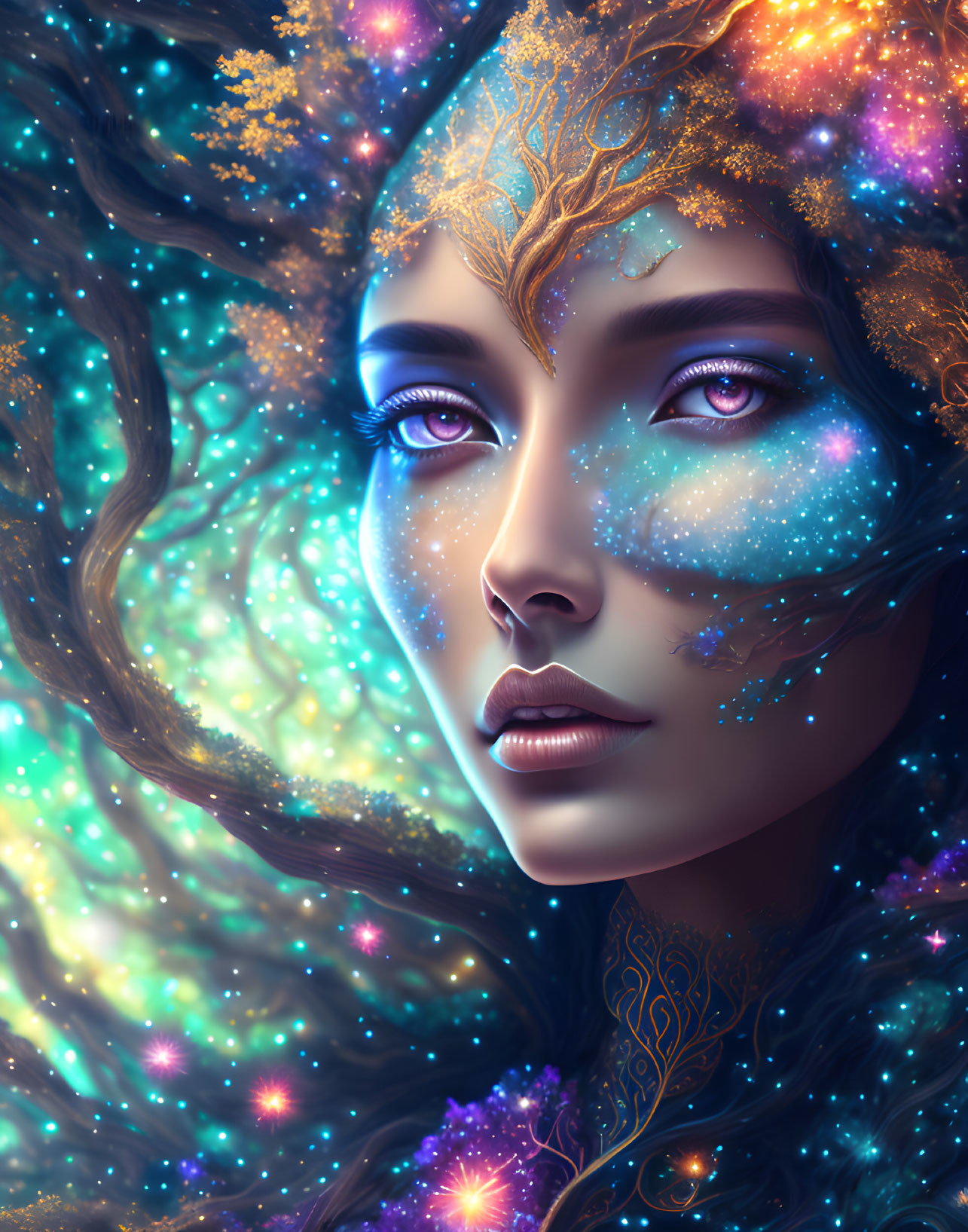 Ethereal portrait of a woman with cosmic features and golden patterns