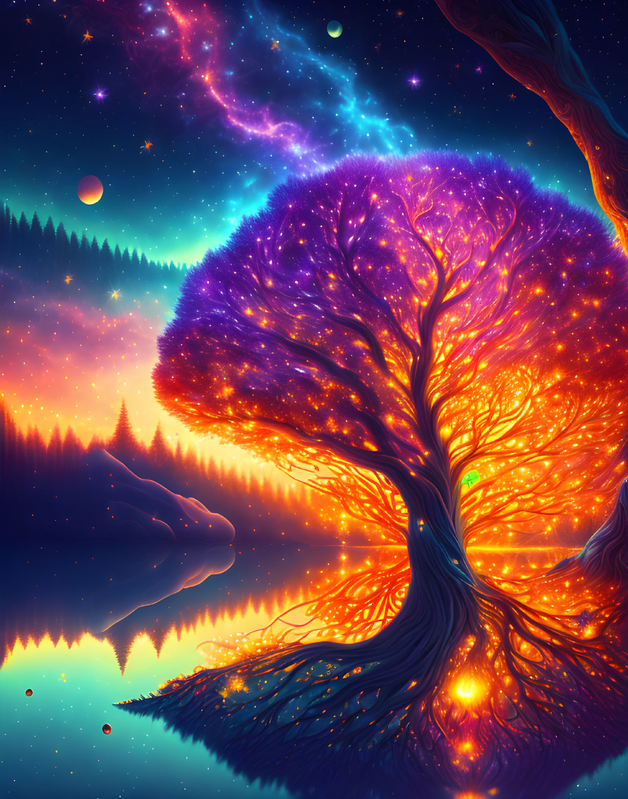 Colorful Tree Illustration Against Twilight Sky and Lake