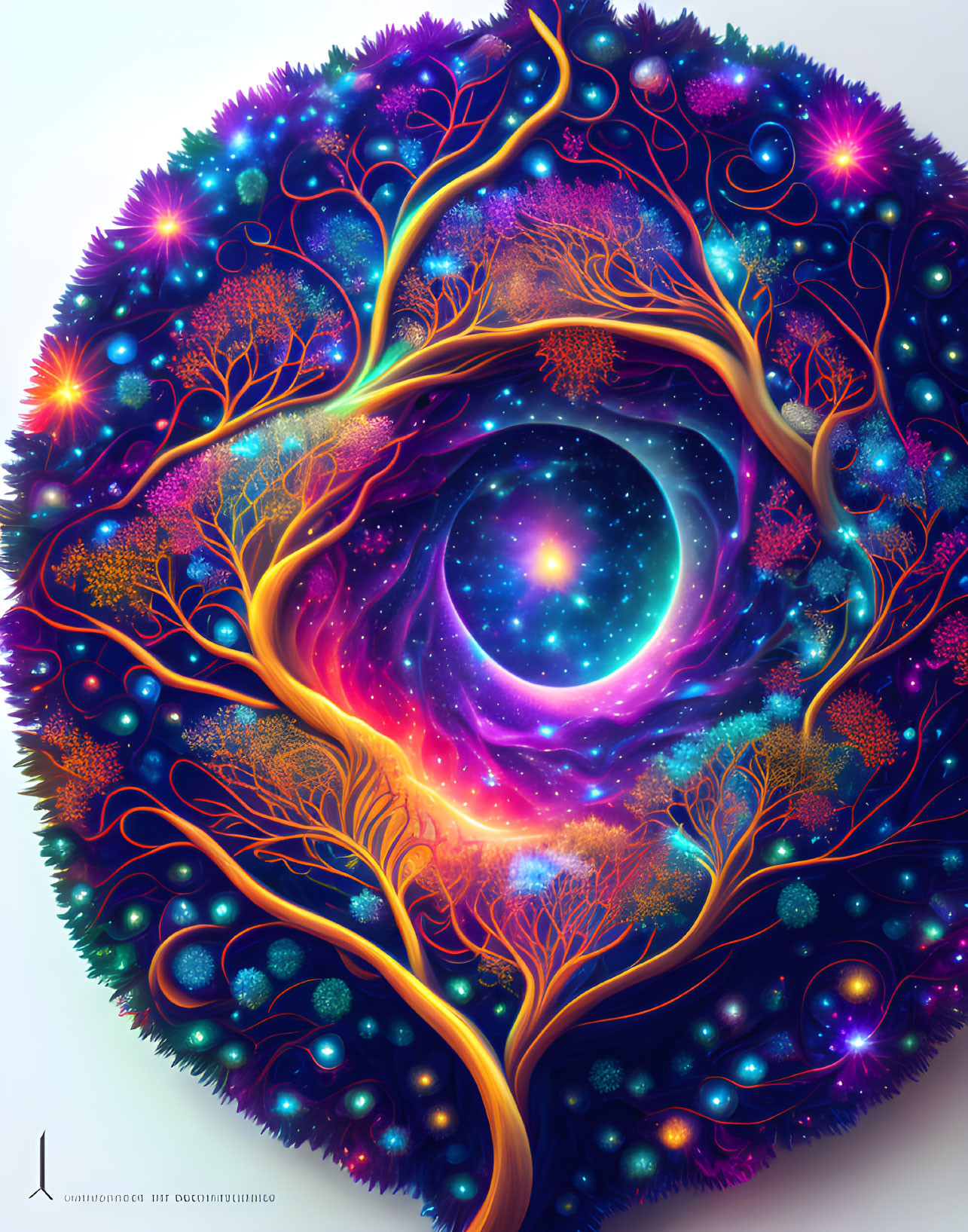 Colorful cosmic tree art with swirling branches and glowing bubbles on starry background