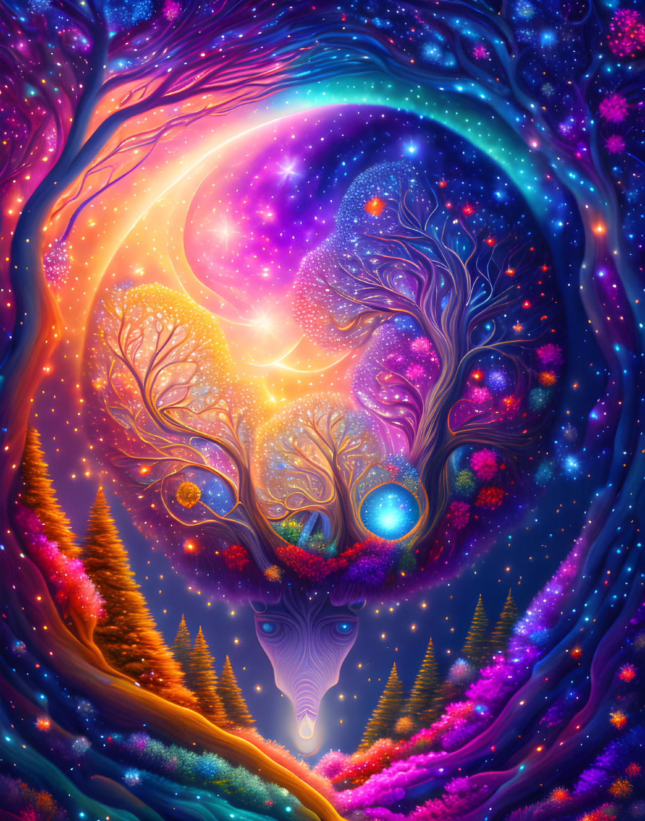 Fantasy landscape with magic trees and celestial elements