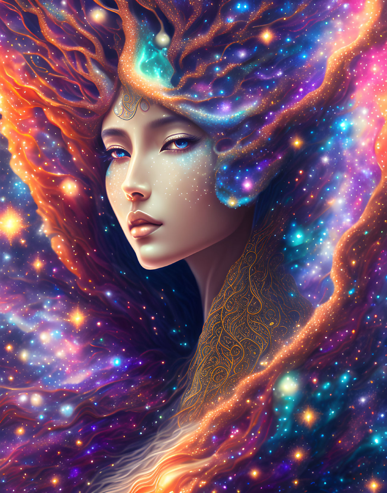 Ethereal woman with cosmic hair in shades of blue and orange