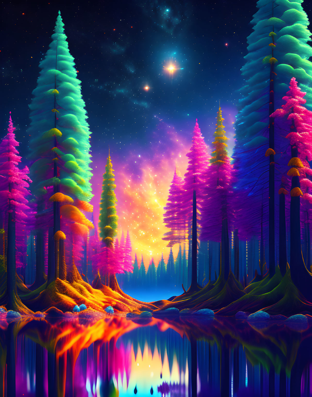 Colorful Neon Pink and Blue Forest Scene Reflecting in Water at Night