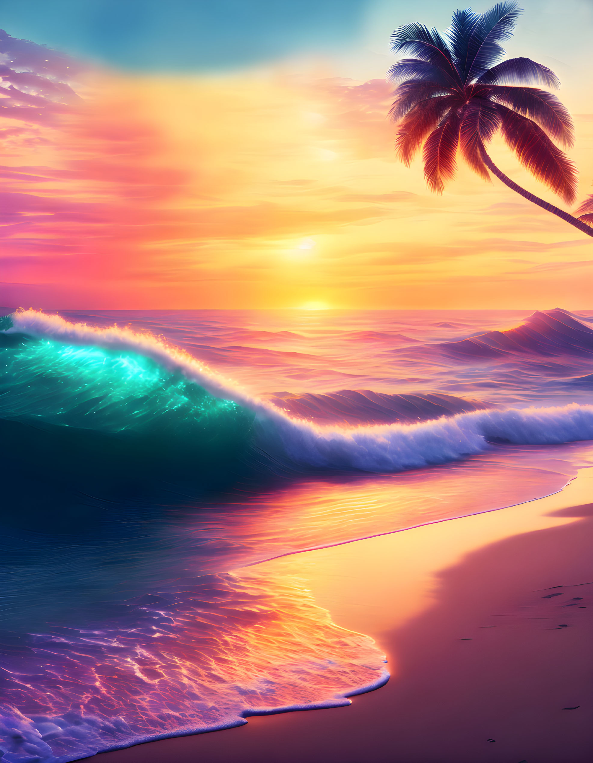 Tropical beach sunset with palm tree, glowing wave, and footprints