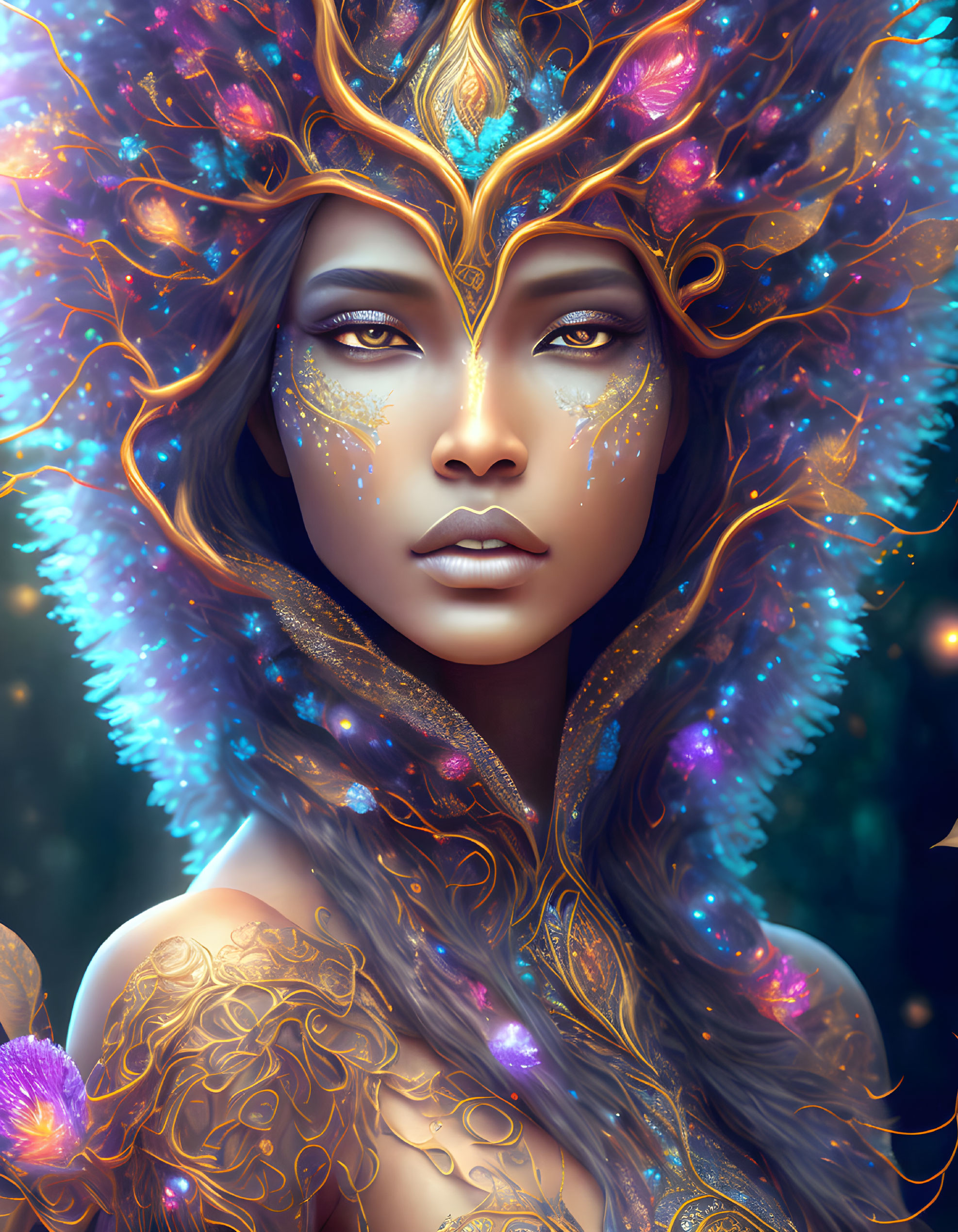 Elaborate gold and purple headgear on female figure with sparkling eye makeup and tattoos against starry