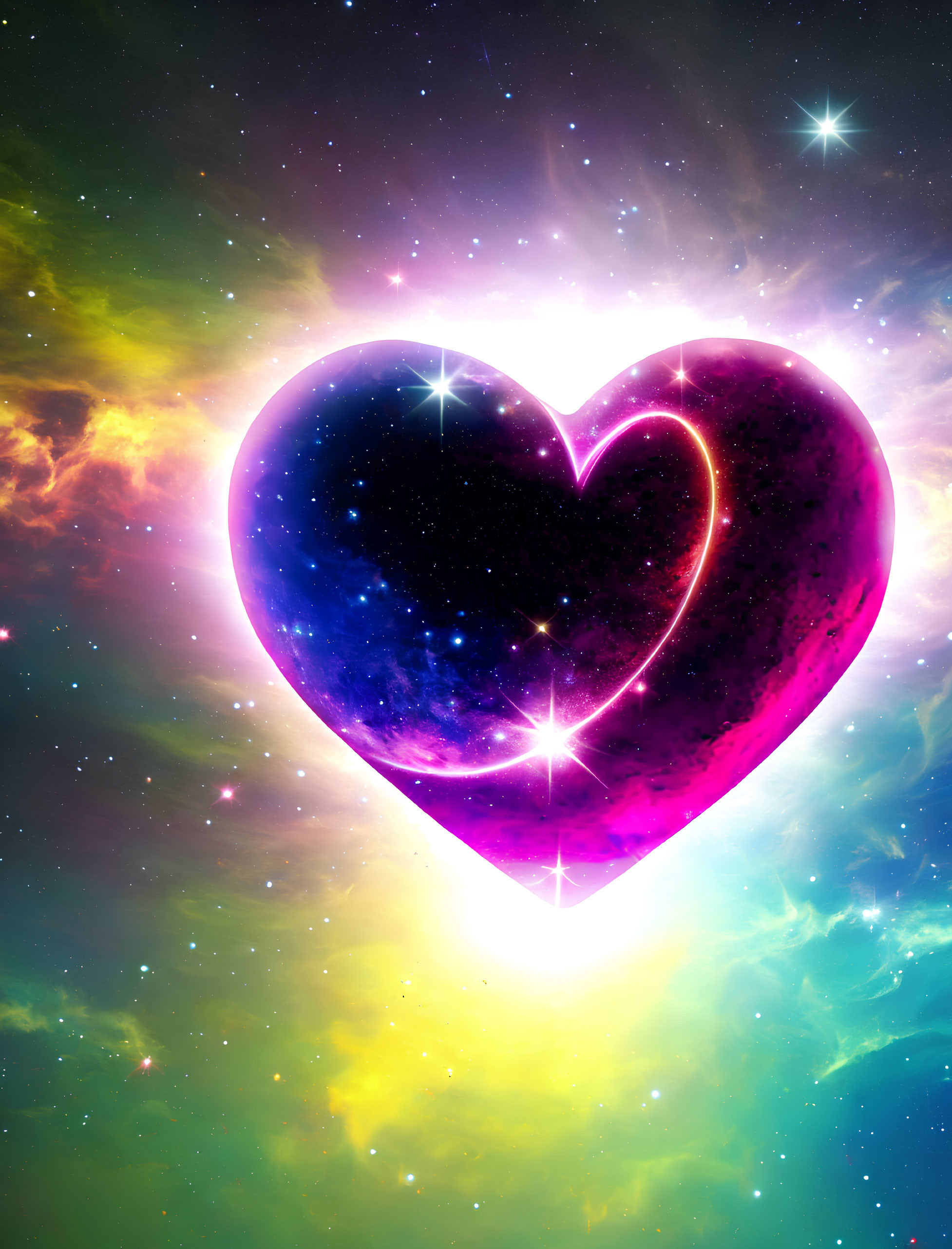 Colorful Heart-shaped Nebula with Pink, Blue, and Yellow Hues