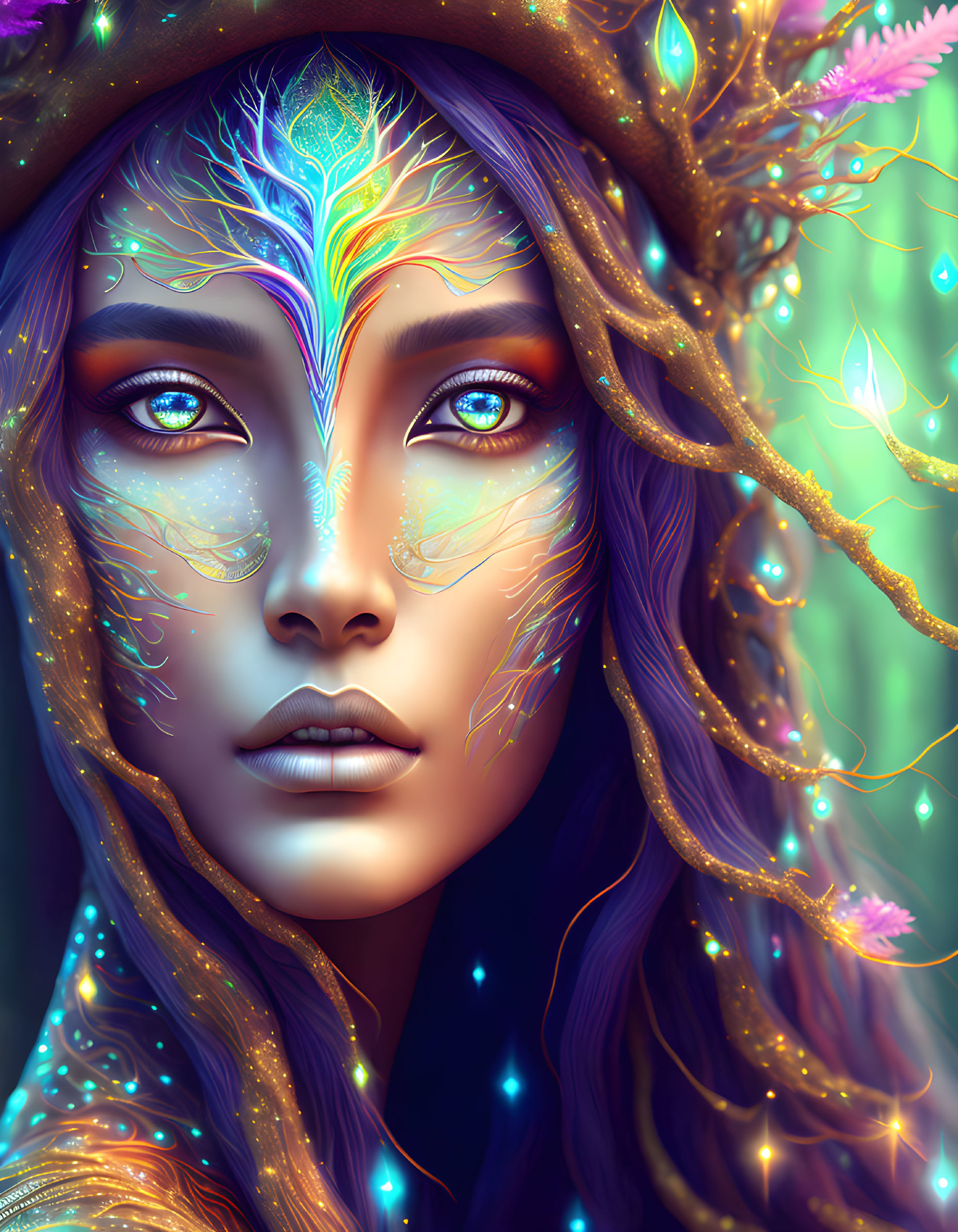 Fantastical portrait of a woman with glowing blue eyes and ethereal tree-branch crown.