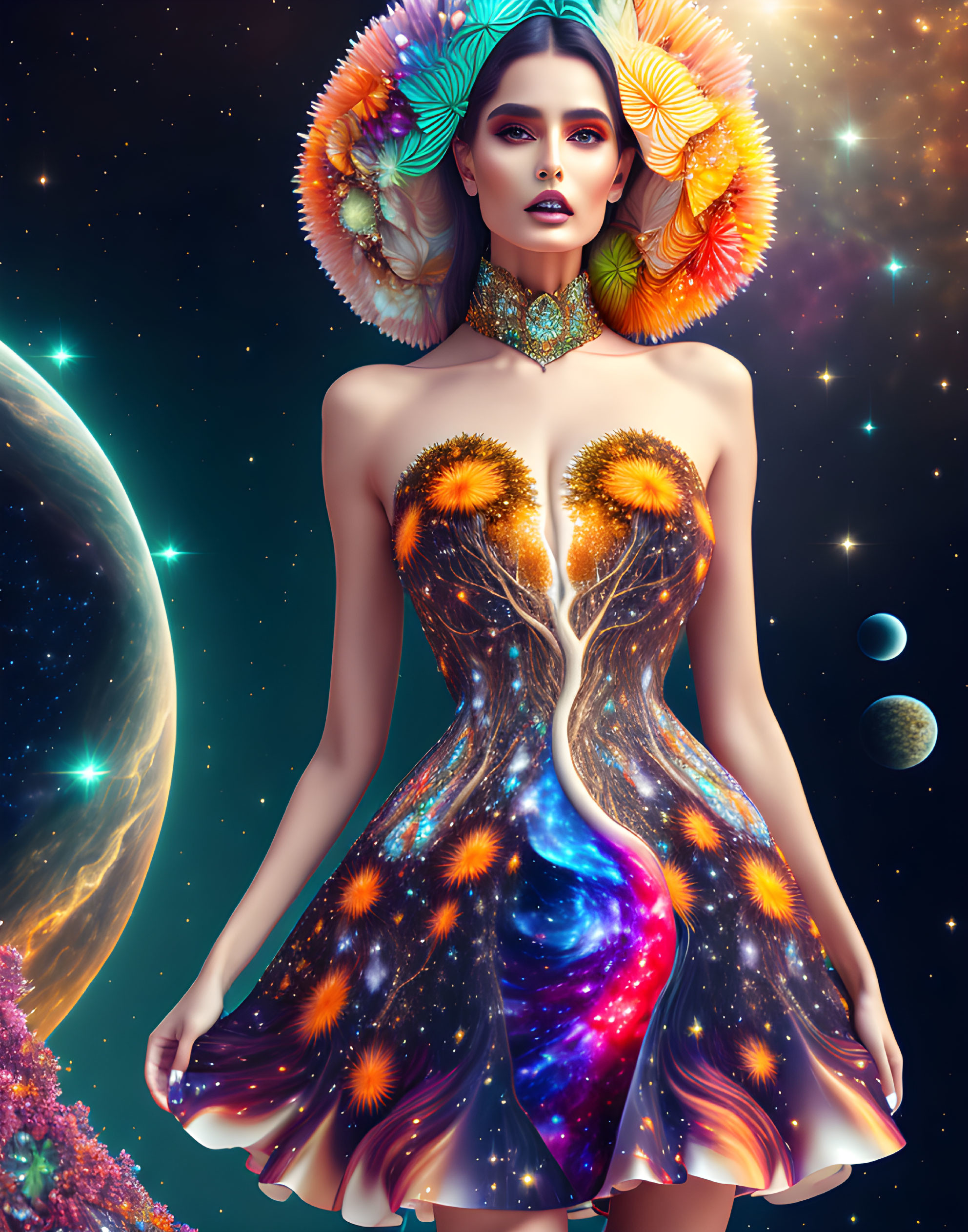 Stylized portrait of woman in cosmic-themed attire against space backdrop