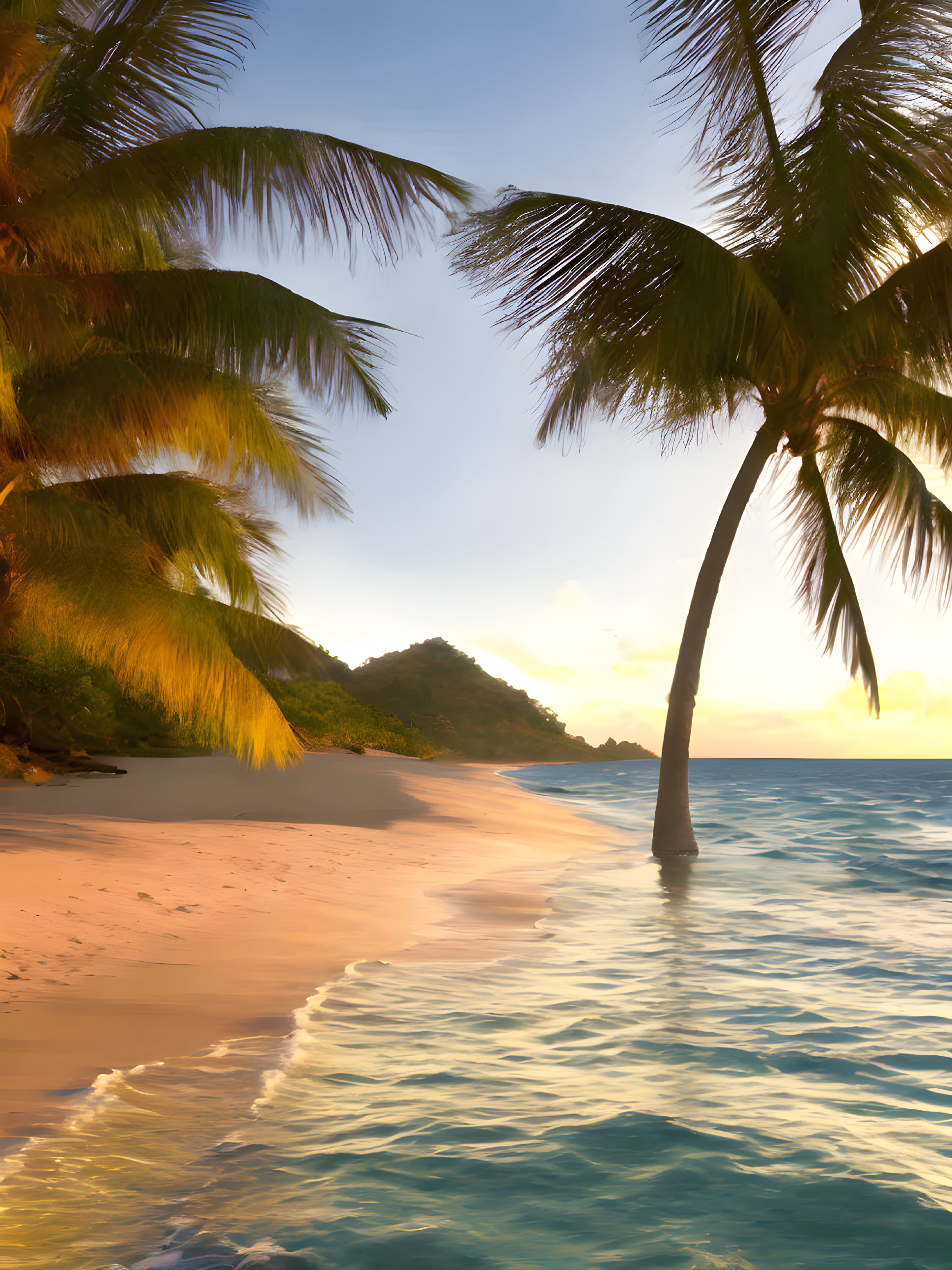 Tranquil beach sunset with leaning palm tree and golden light