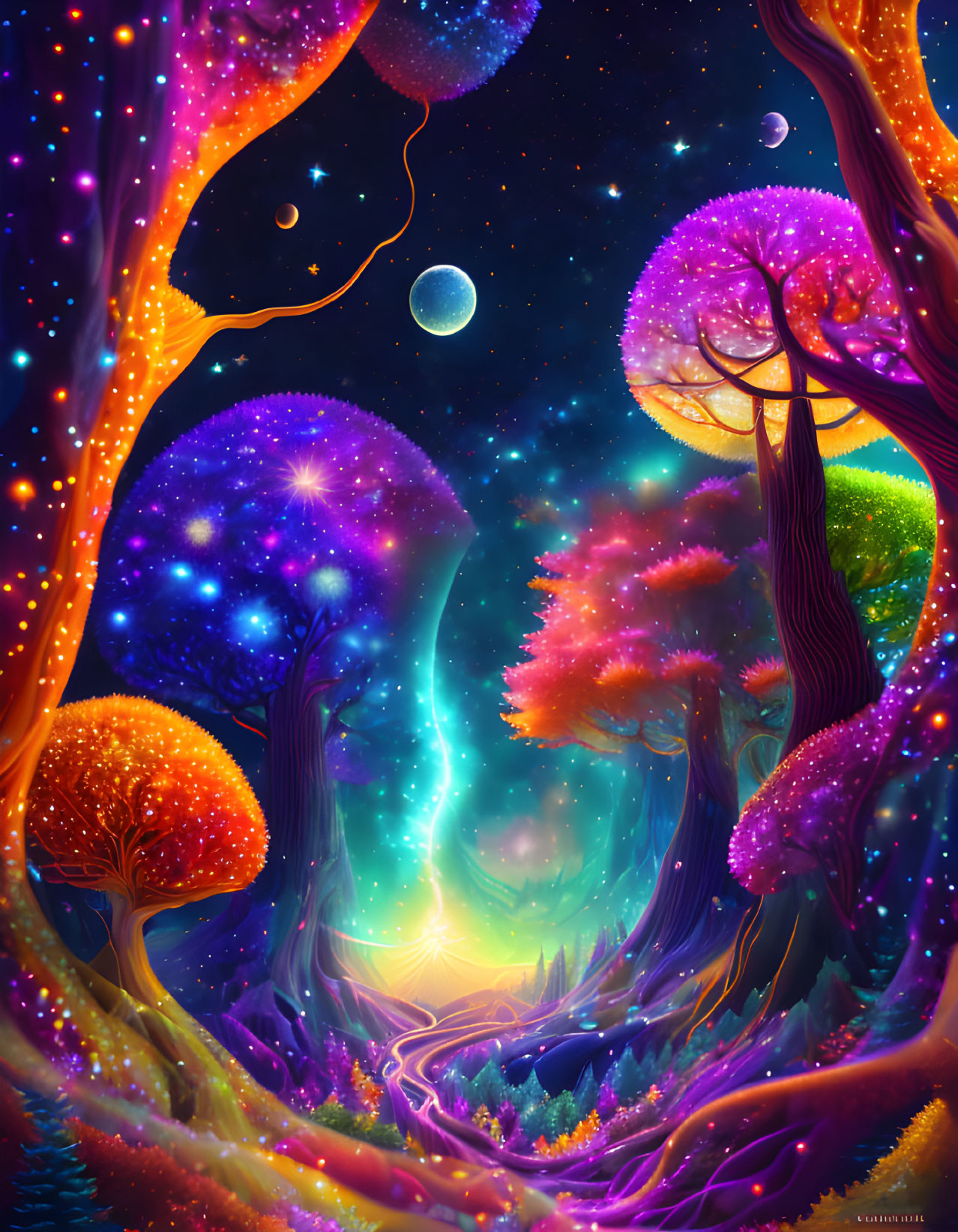 Enchanted forest with glowing trees and colorful flora