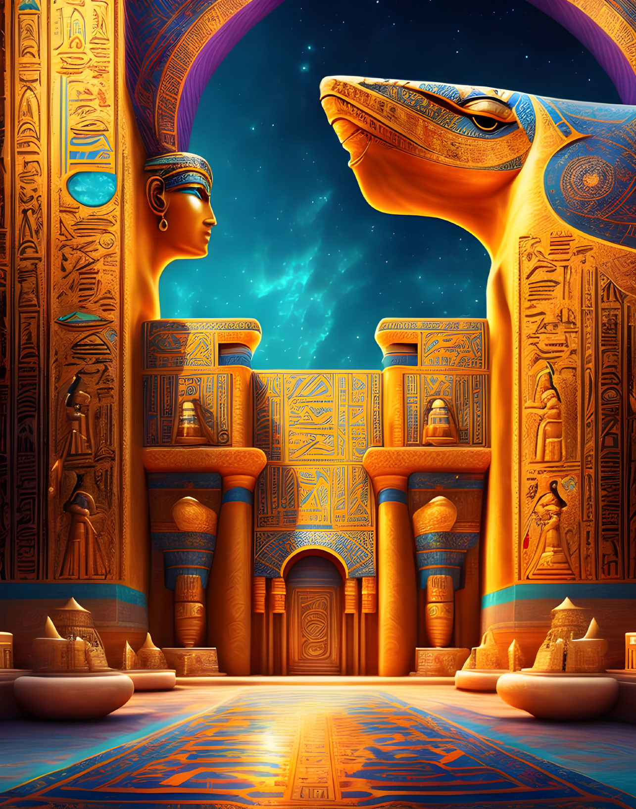 Egyptian-style Fantasy Temple with Hieroglyphs, Golden Crocodile God, Pharaoh Statue,