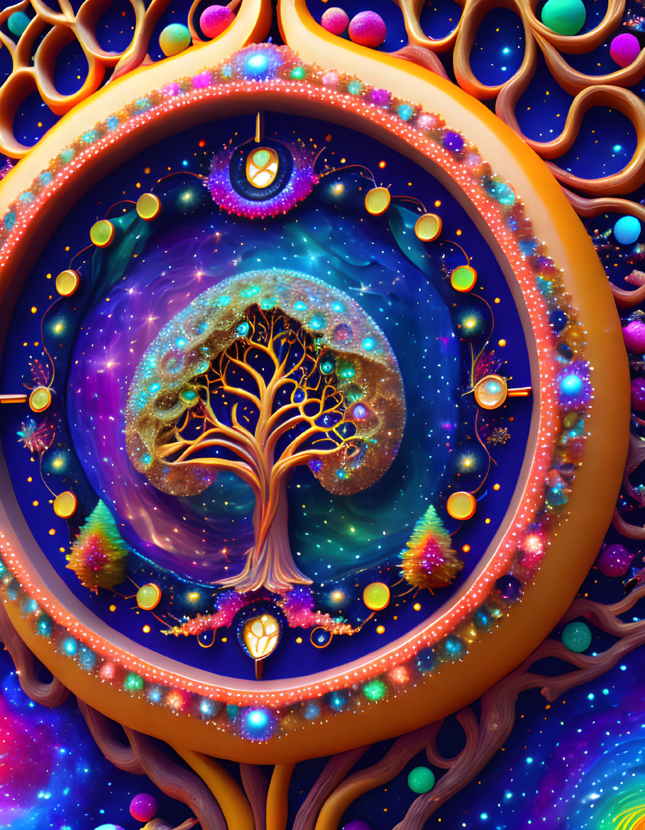 Colorful Cosmic Tree with Celestial Background and Ornate Patterns