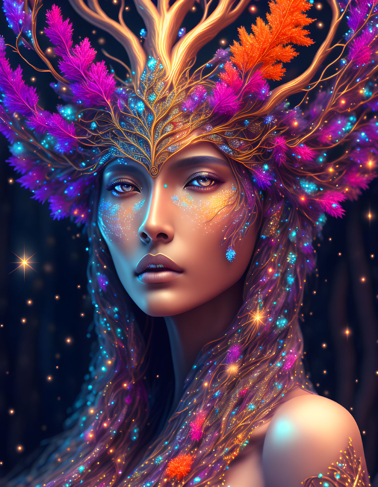 Ethereal woman with jewel-encrusted crown in dark, starry setting